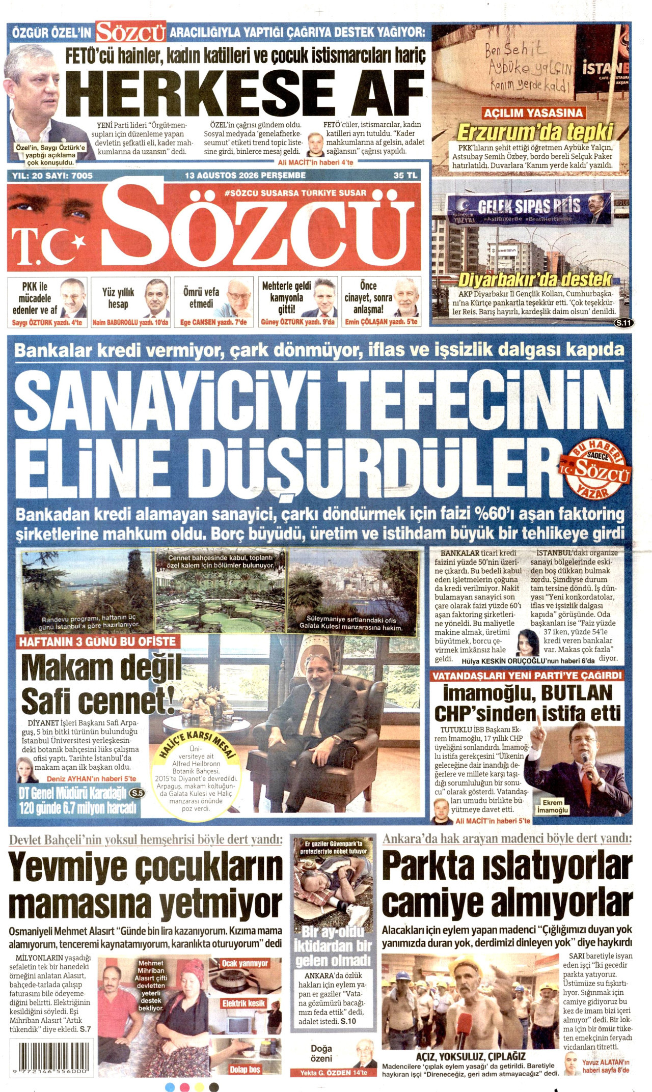 SÖZCÜ gazetesinin 13 Ağustos 2026 tarihli birinci sayfası
