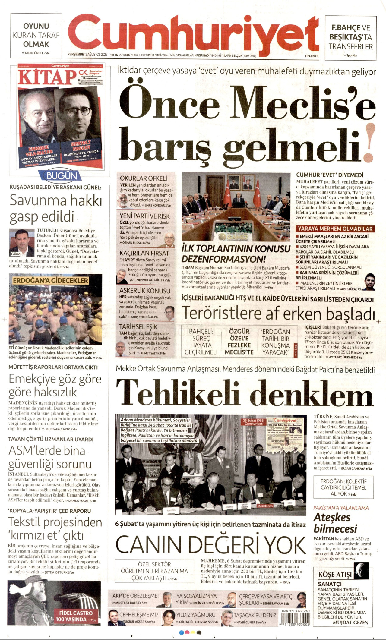 CUMHURİYET gazetesinin 13 Ağustos 2026 tarihli birinci sayfası