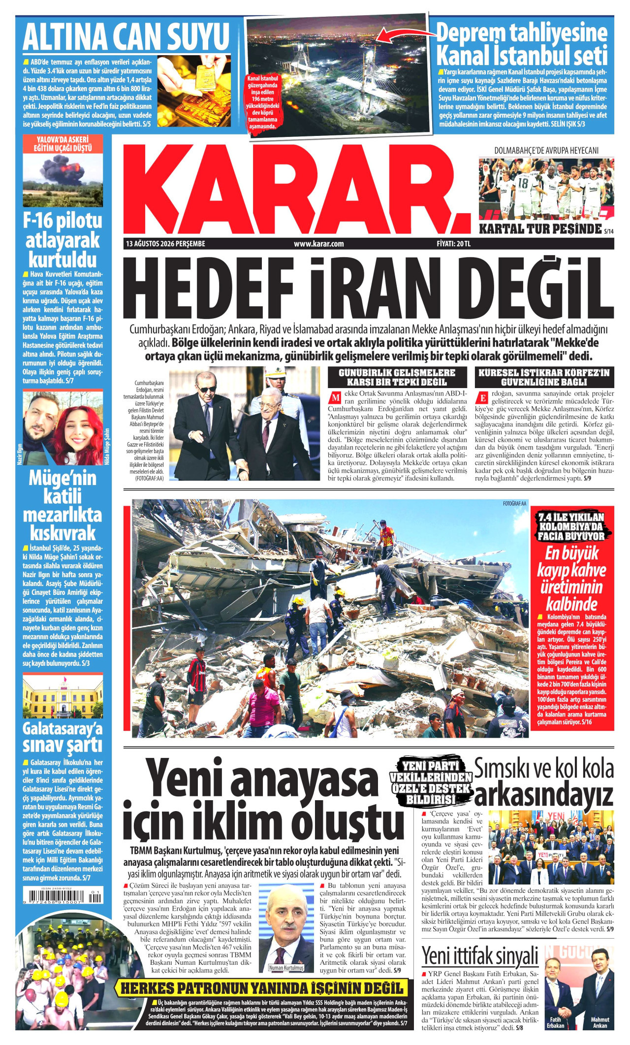 KARAR gazetesinin 13 Ağustos 2026 tarihli birinci sayfası