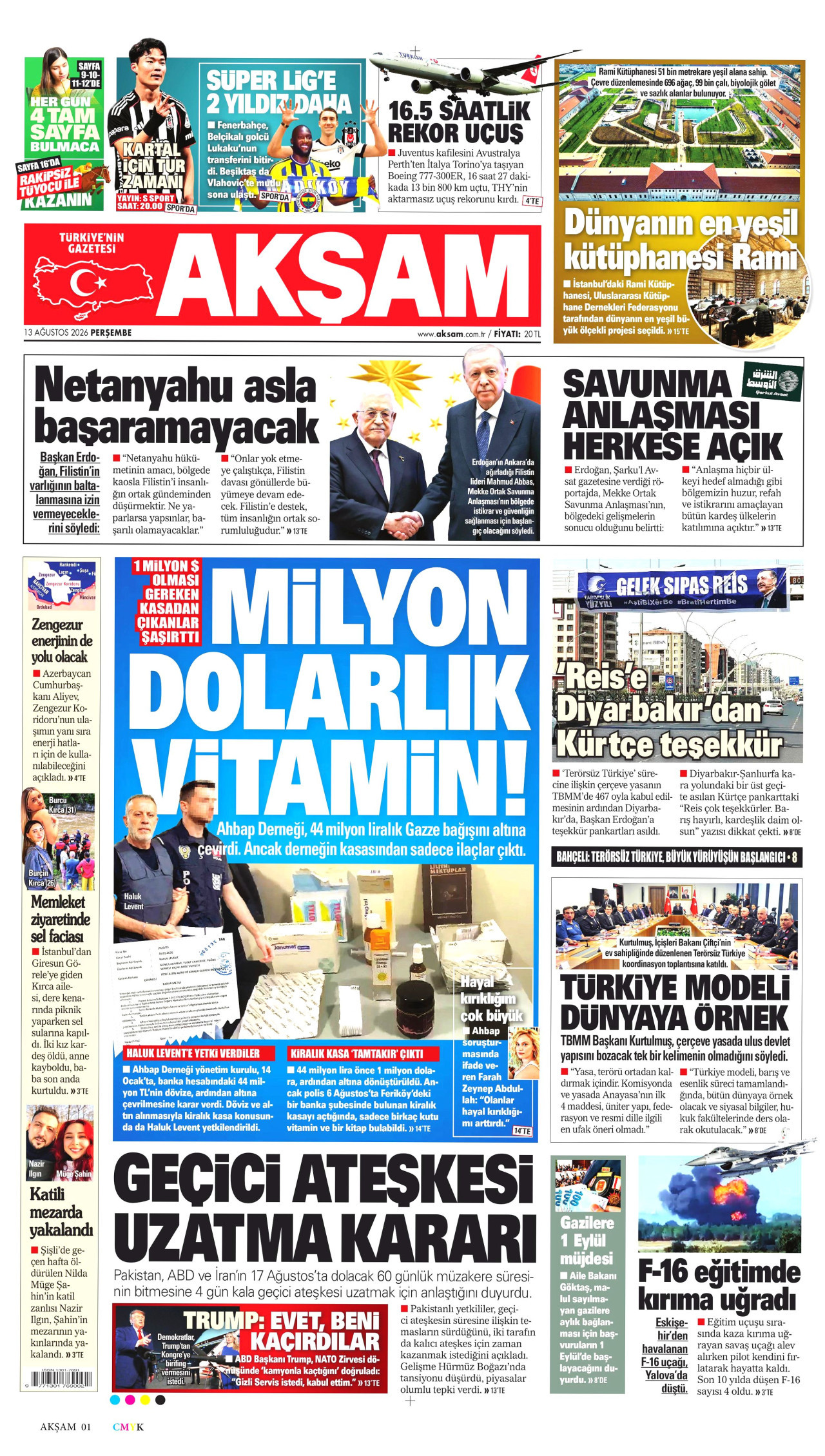AKŞAM gazetesinin 13 Ağustos 2026 tarihli birinci sayfası