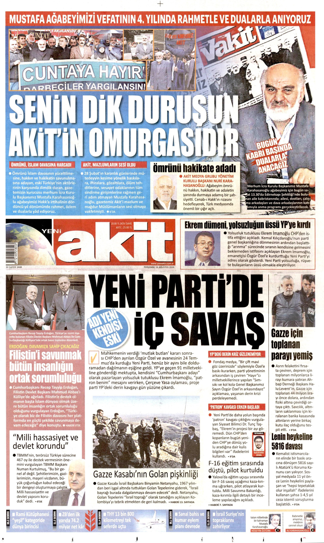 YENİ AKİT gazetesinin 13 Ağustos 2026 tarihli birinci sayfası