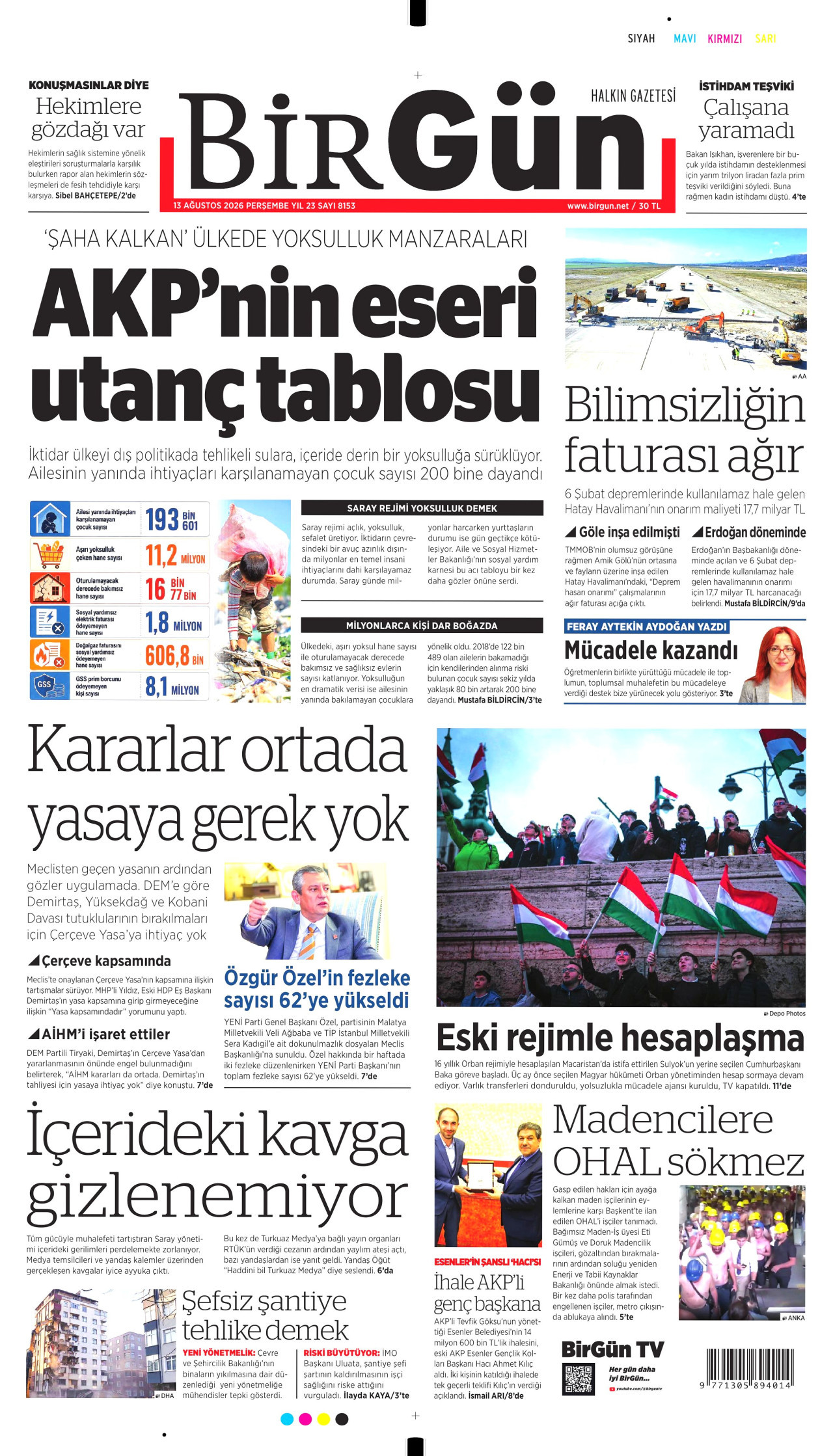 BİRGÜN gazetesinin 13 Ağustos 2026 tarihli birinci sayfası