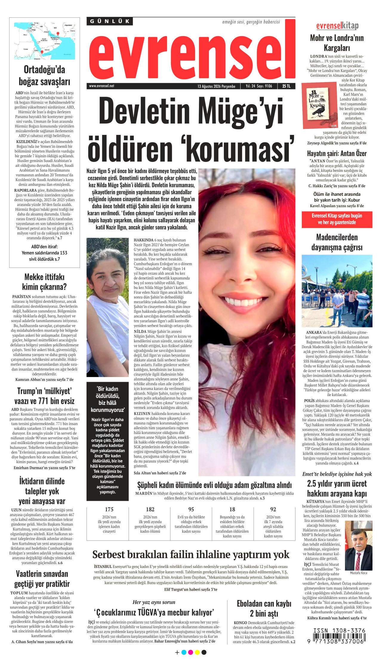 EVRENSEL gazetesinin 13 Ağustos 2026 tarihli birinci sayfası