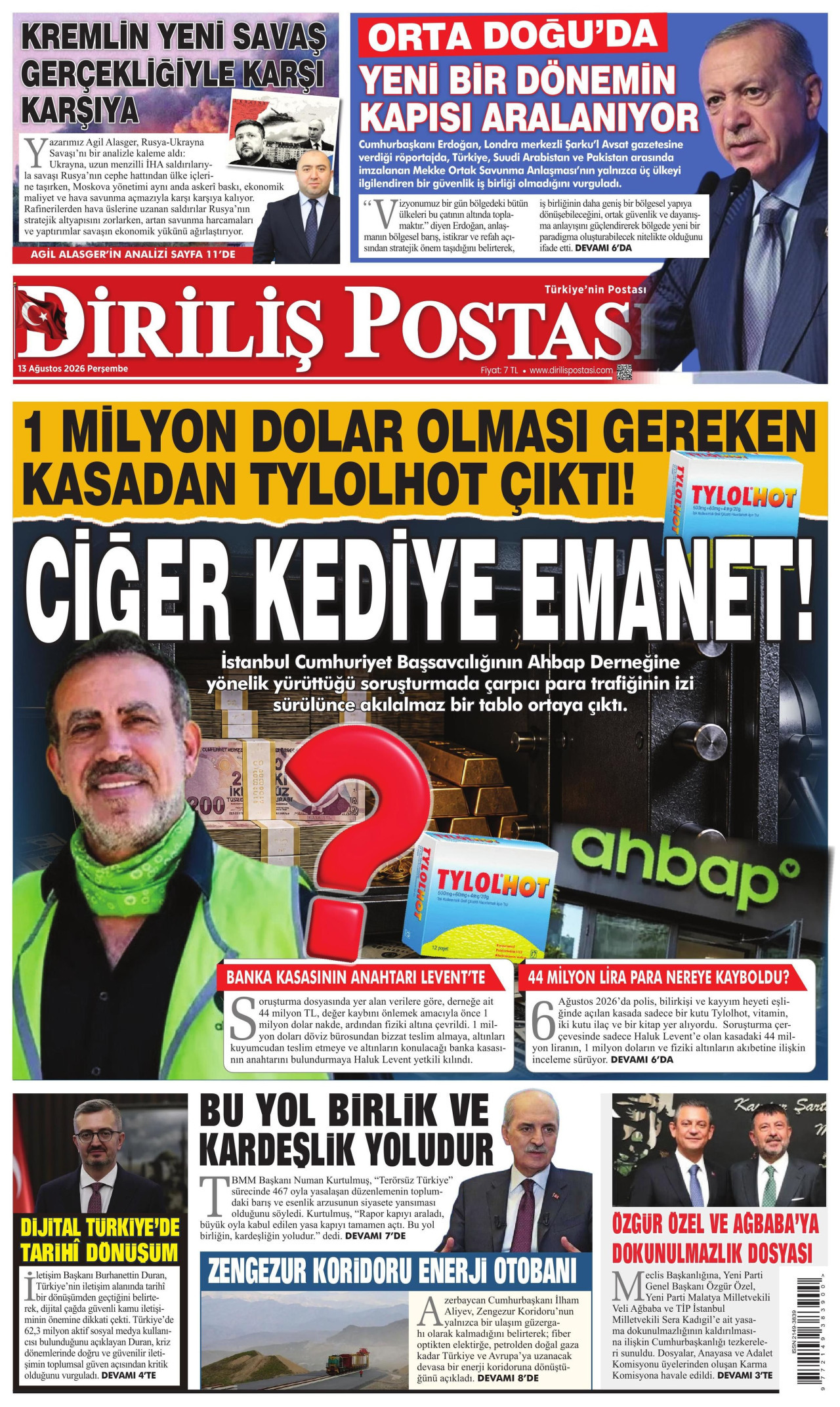DİRİLİŞ POSTASI gazetesinin 13 Ağustos 2026 tarihli birinci sayfası