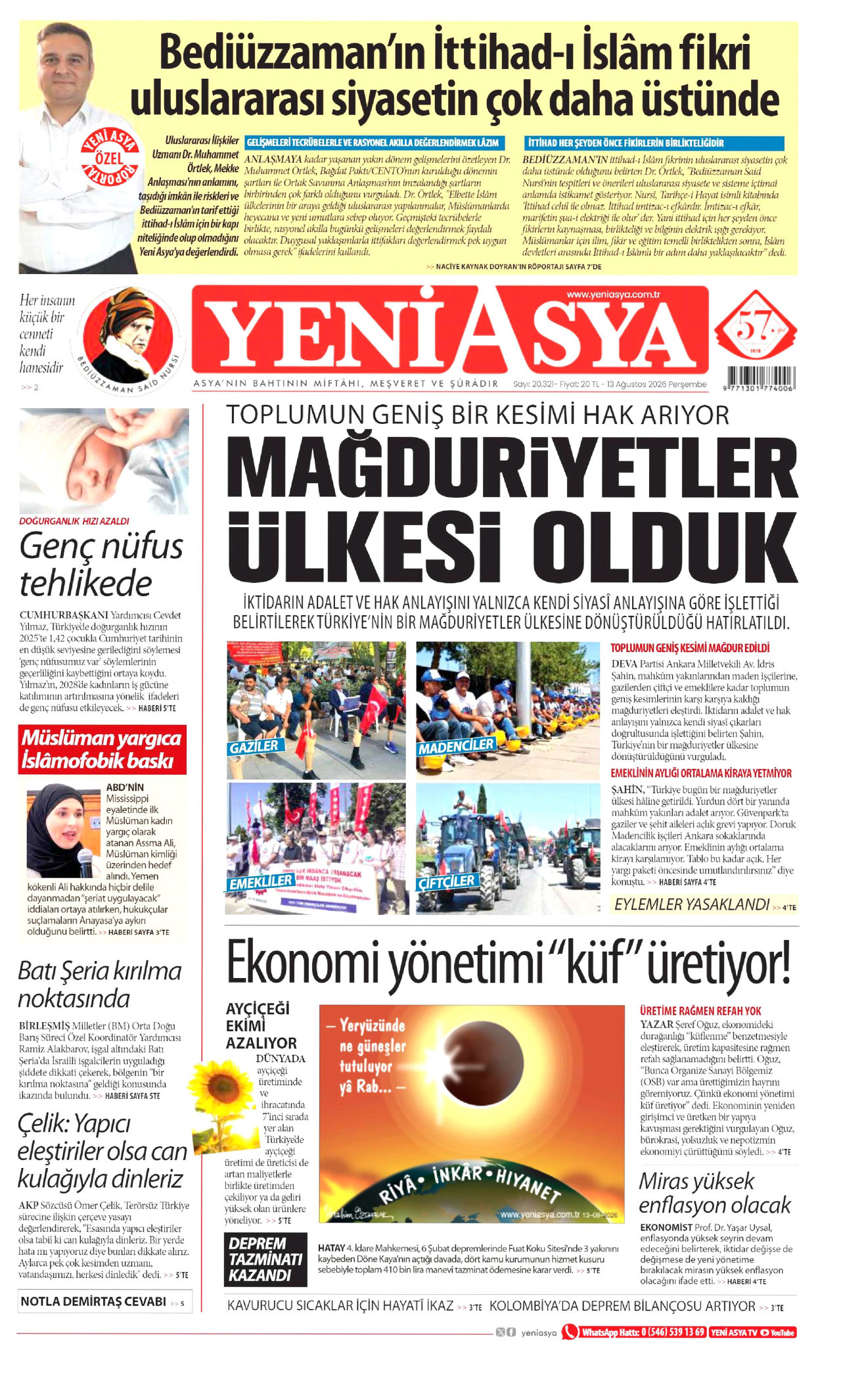 YENİ ASYA gazetesinin 13 Ağustos 2026 tarihli birinci sayfası