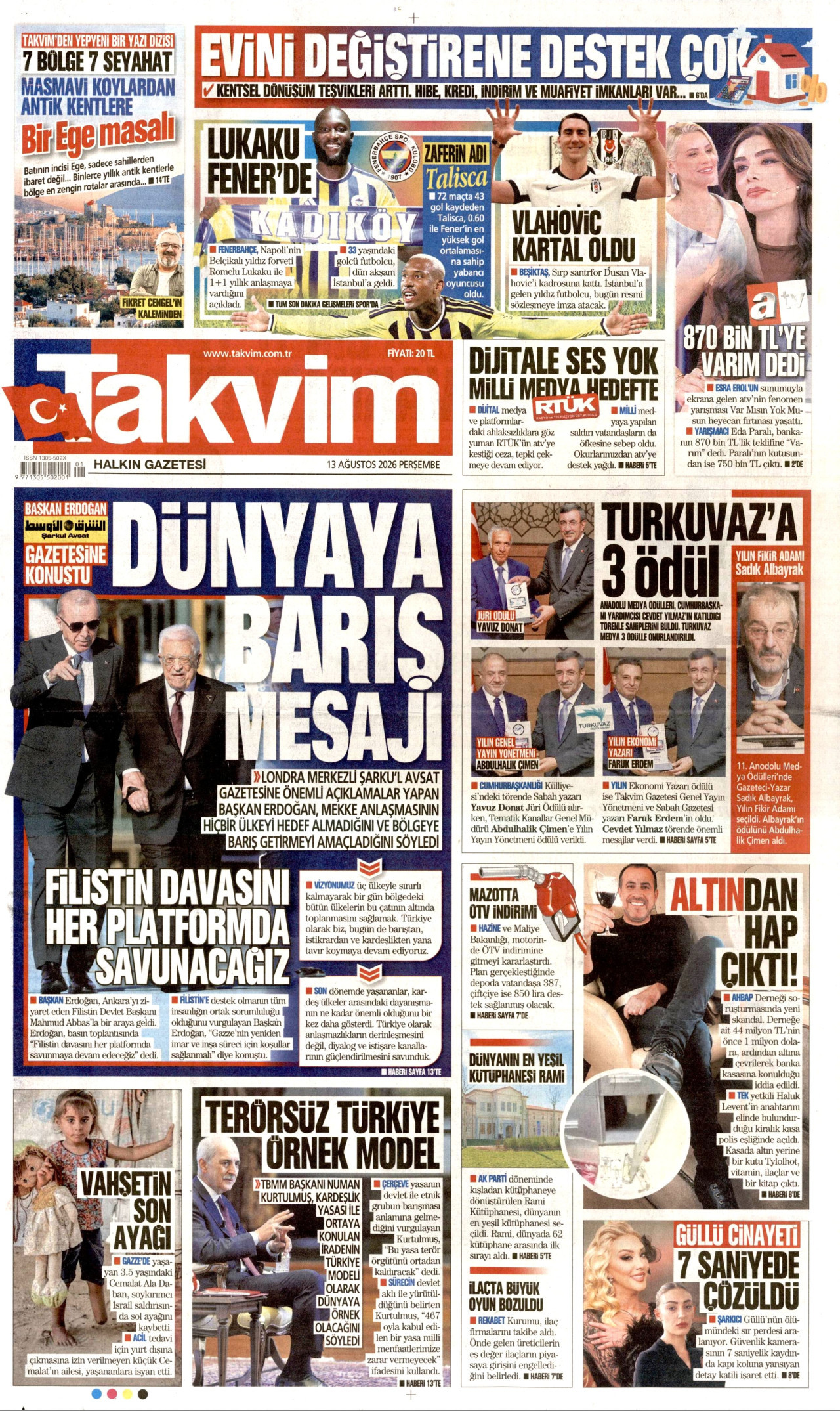 TAKVİM gazetesinin 13 Ağustos 2026 tarihli birinci sayfası