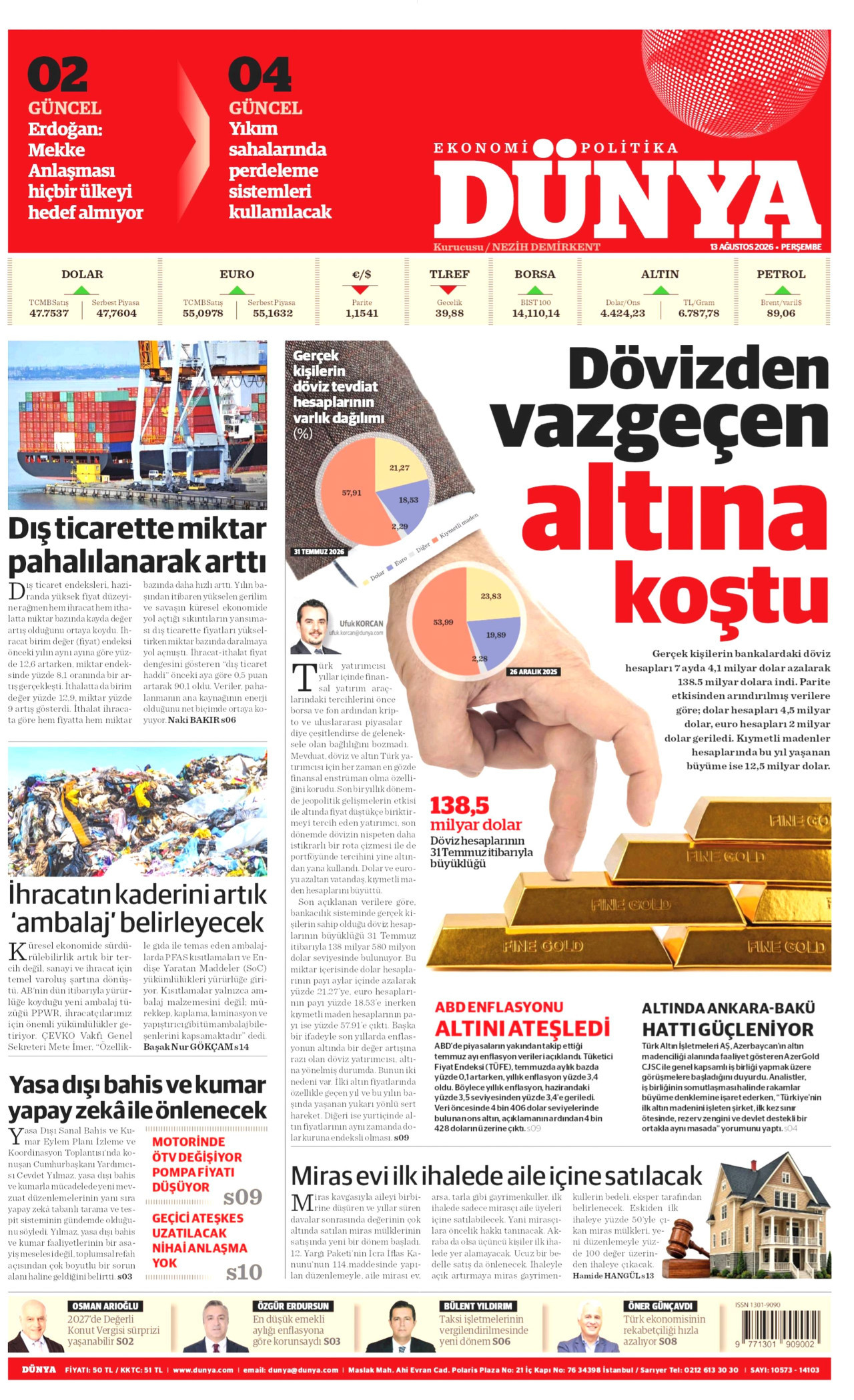 DÜNYA gazetesinin 13 Ağustos 2026 tarihli birinci sayfası