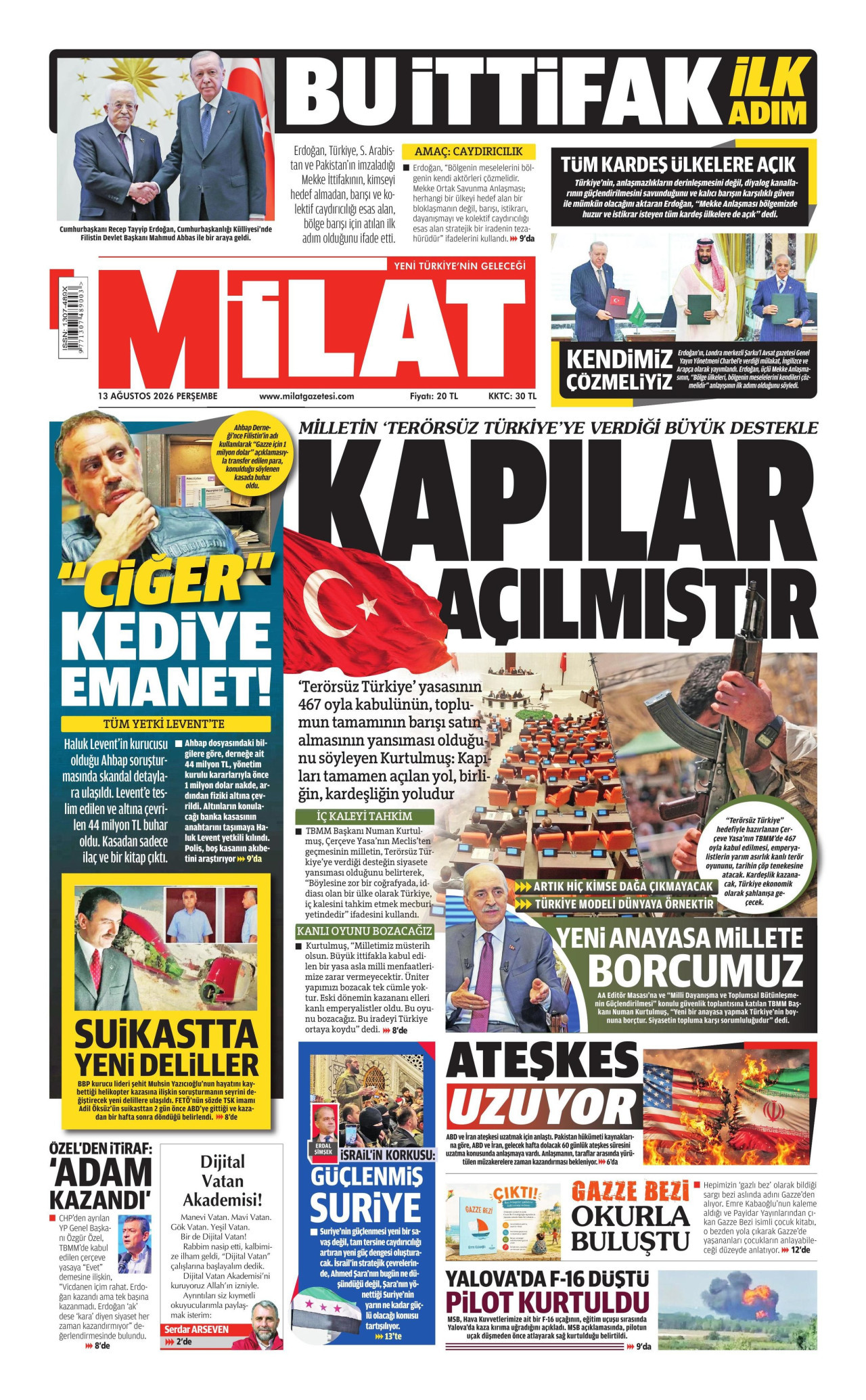 MİLAT gazetesinin 13 Ağustos 2026 tarihli birinci sayfası