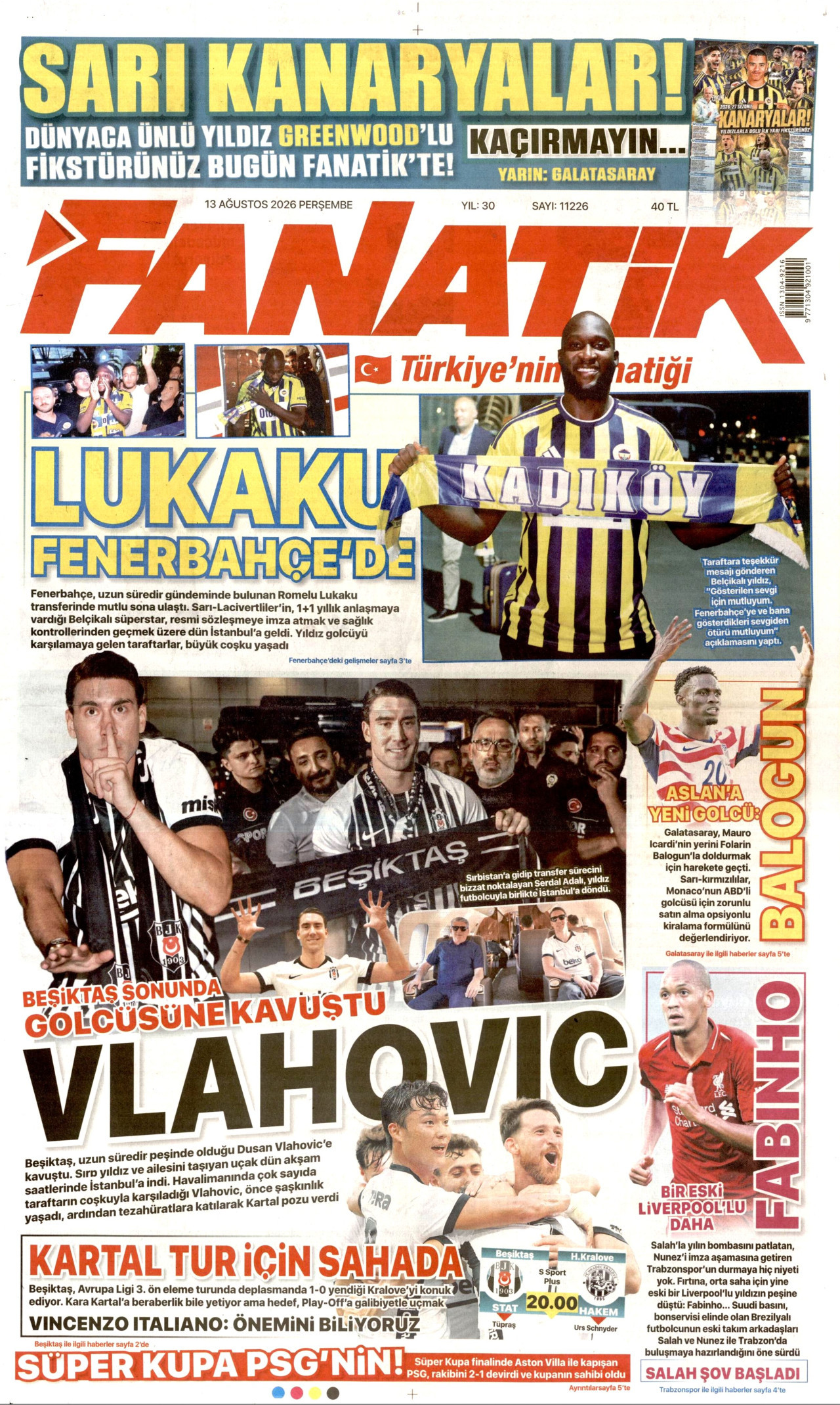 FANATİK gazetesinin 13 Ağustos 2026 tarihli birinci sayfası