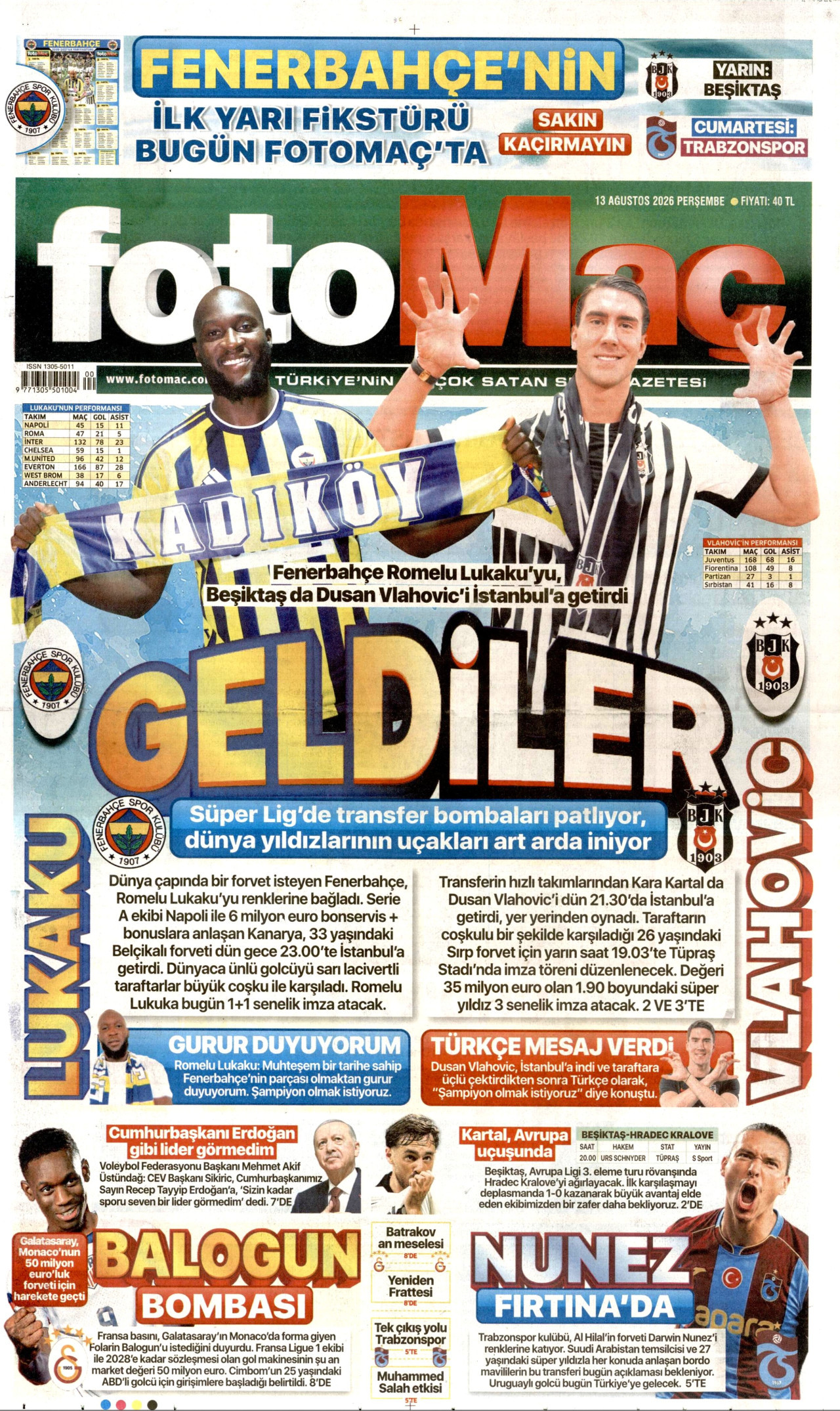 FOTOMAÇ gazetesinin 13 Ağustos 2026 tarihli birinci sayfası