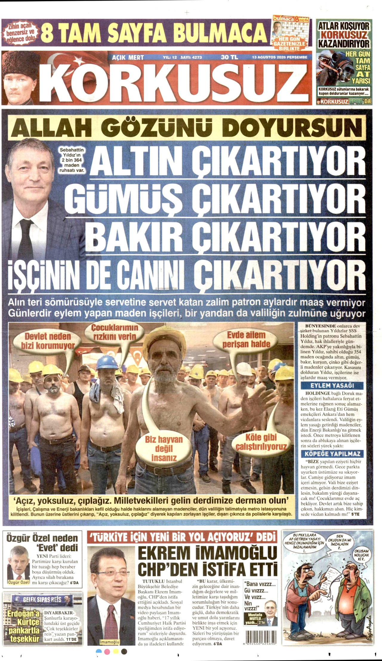 KORKUSUZ gazetesinin 13 Ağustos 2026 tarihli birinci sayfası