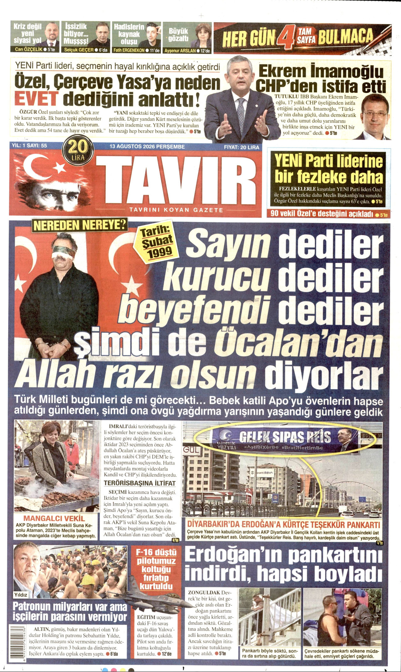 TAVIR GAZETESİ gazetesinin 13 Ağustos 2026 tarihli birinci sayfası