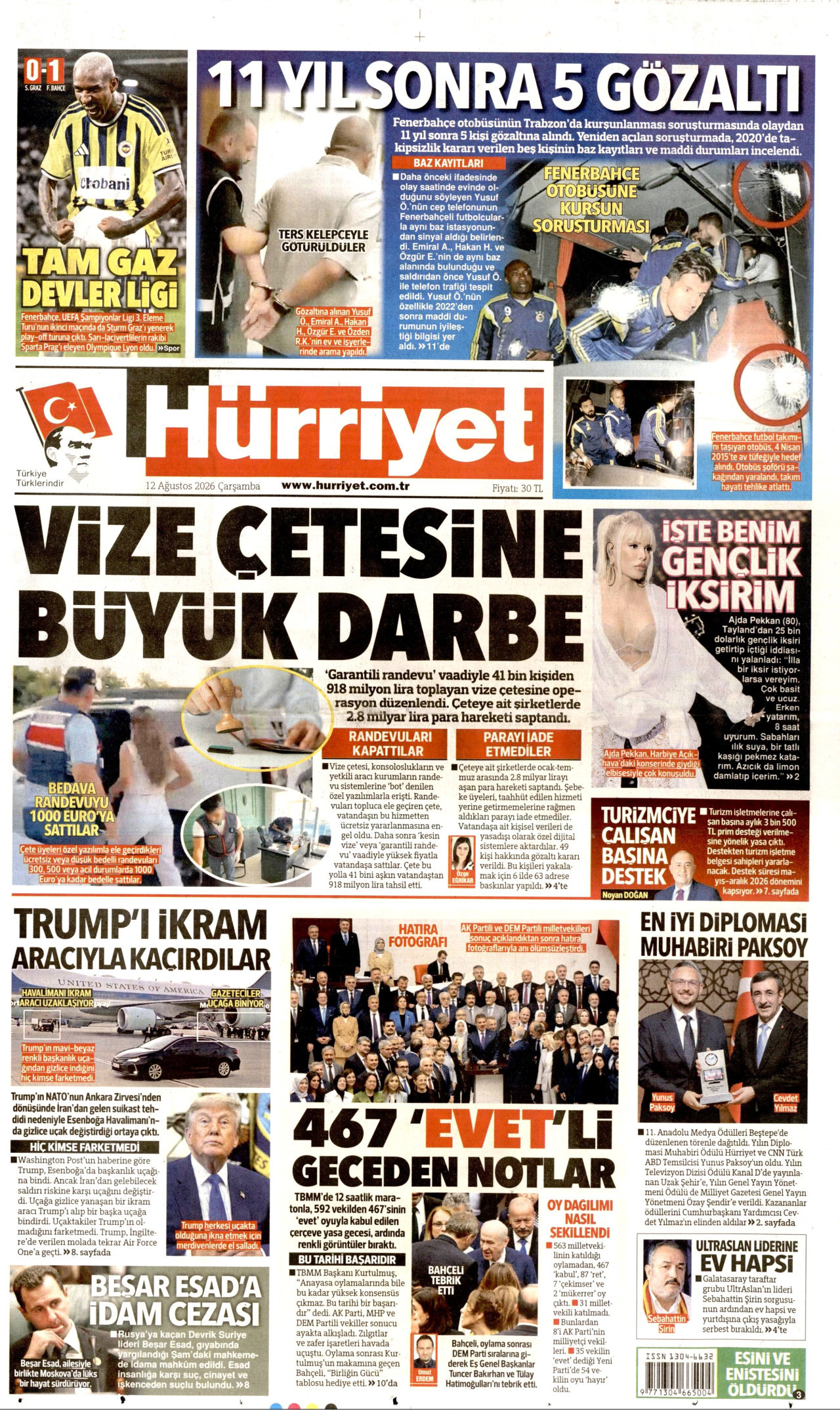 HÜRRİYET gazetesinin 12 Ağustos 2026 tarihli birinci sayfası