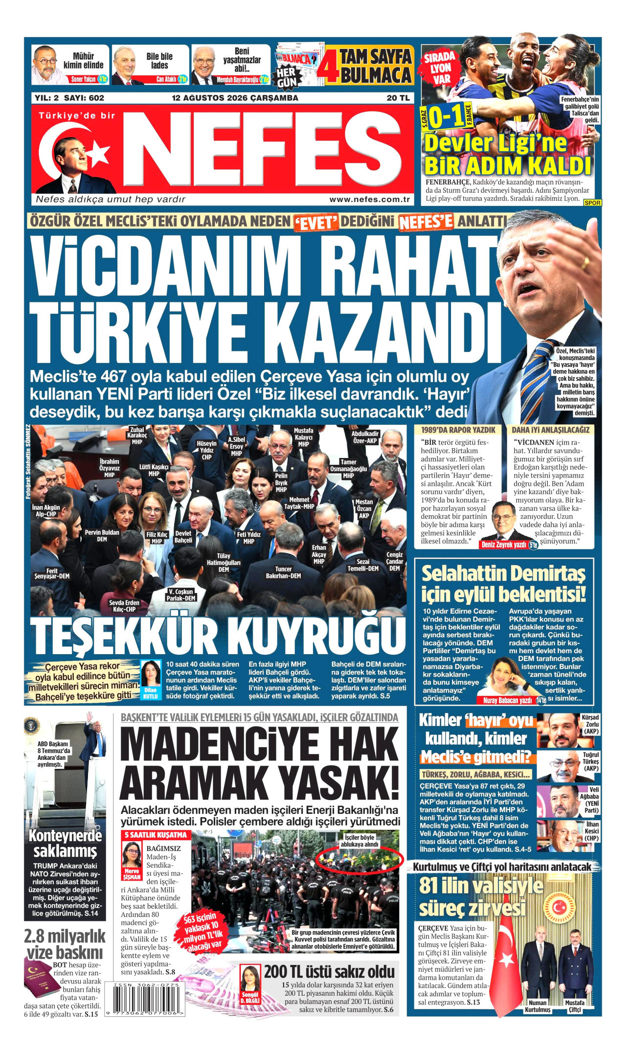 NEFES gazetesinin 12 Ağustos 2026 tarihli birinci sayfası
