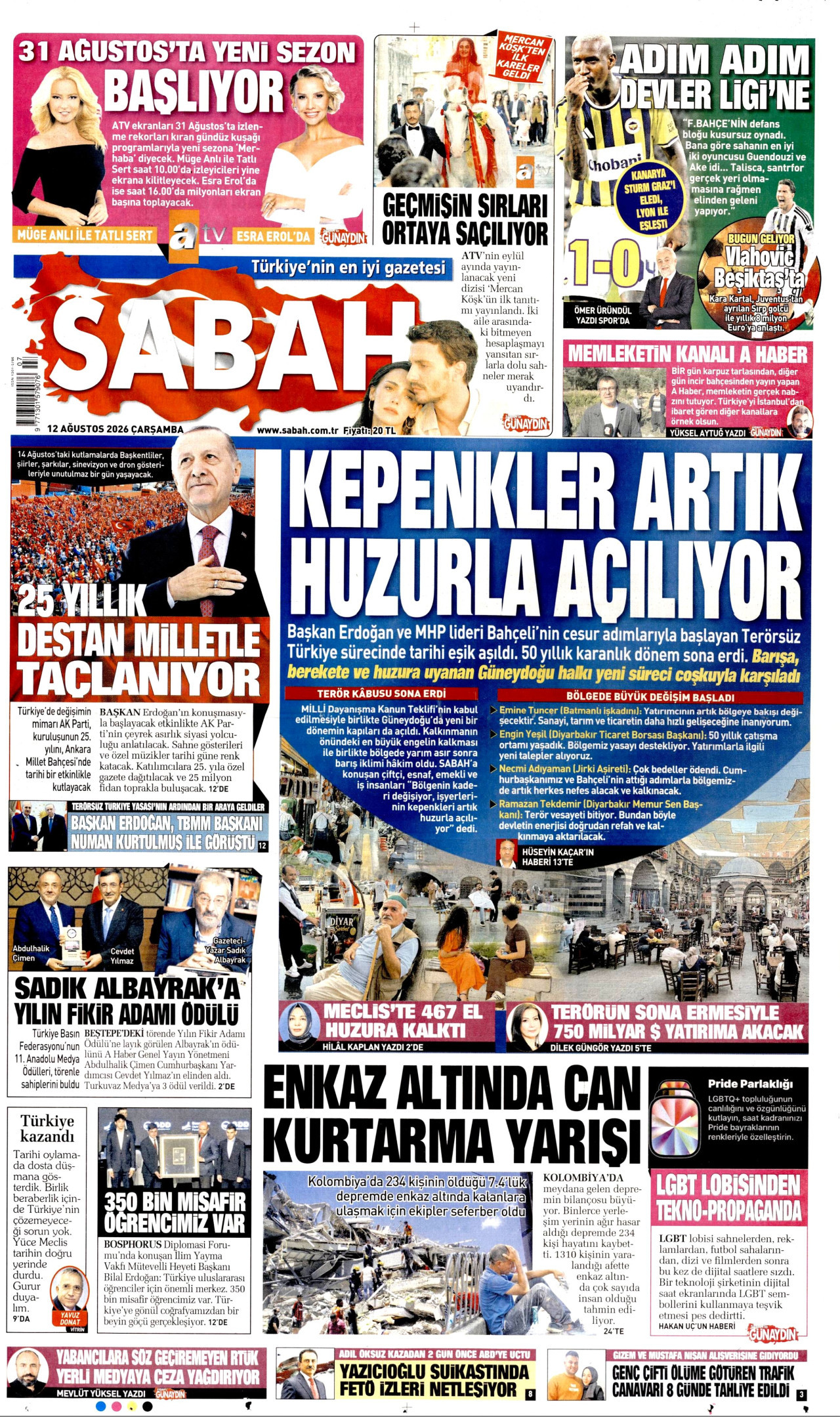SABAH gazetesinin 12 Ağustos 2026 tarihli birinci sayfası