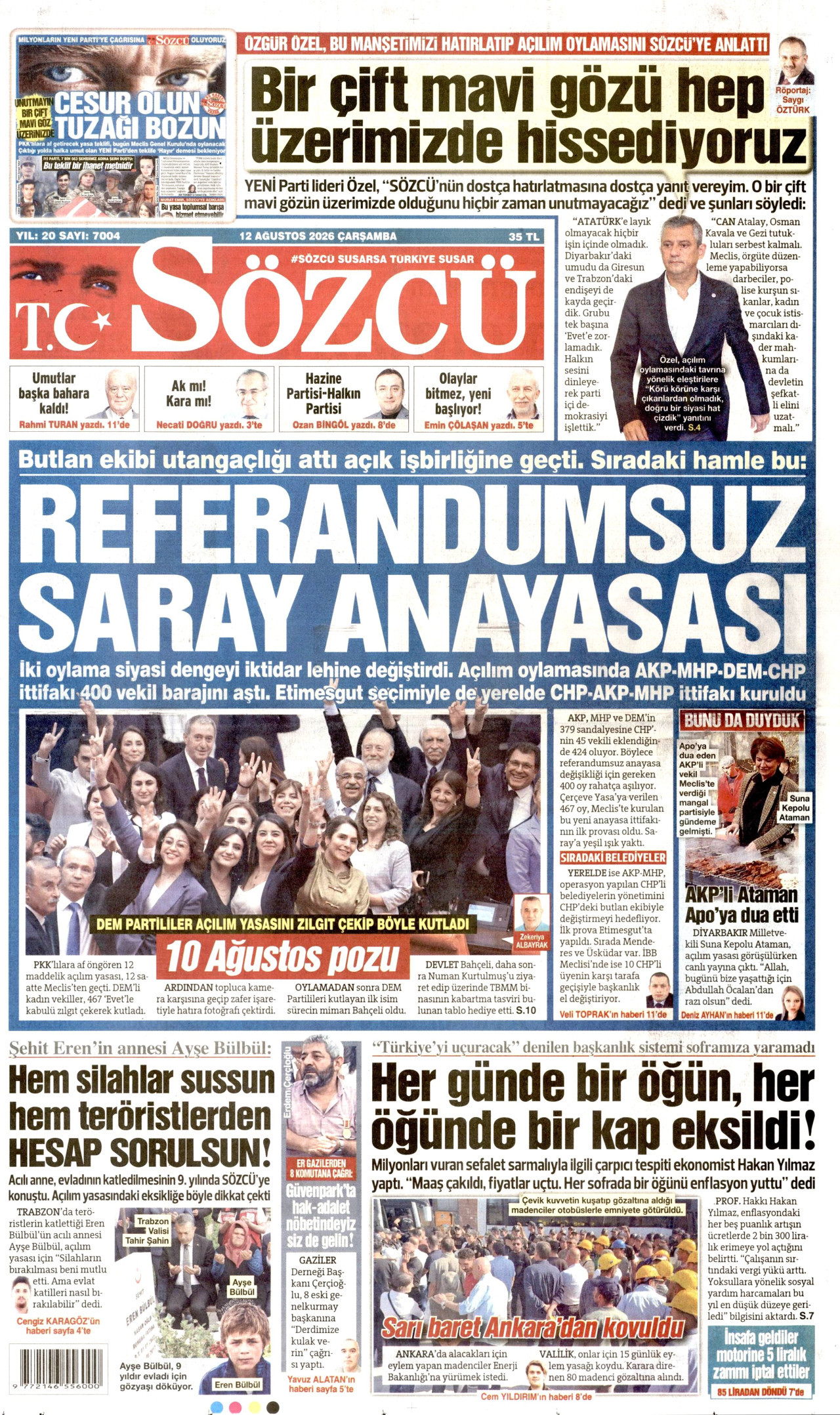 SÖZCÜ gazetesinin 12 Ağustos 2026 tarihli birinci sayfası