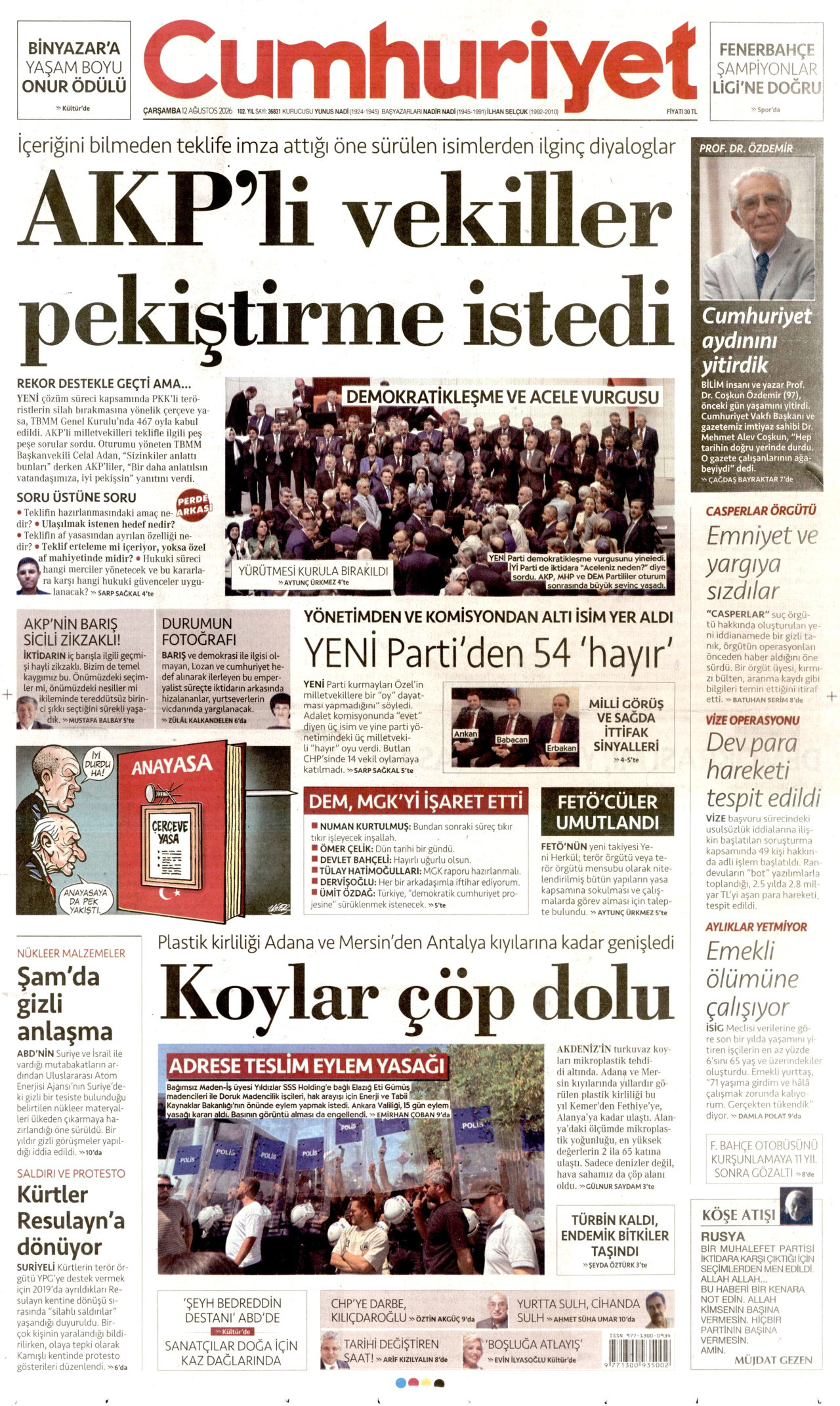 CUMHURİYET gazetesinin 12 Ağustos 2026 tarihli birinci sayfası