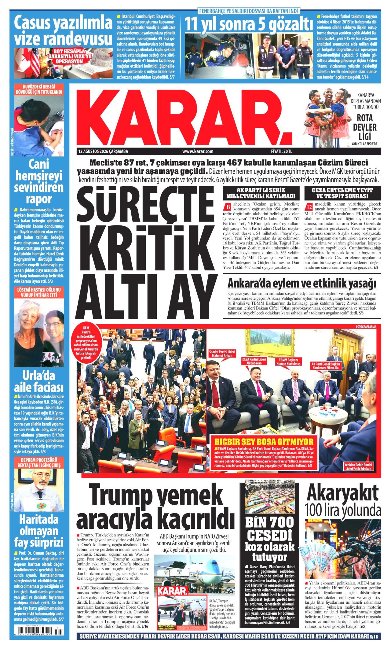 KARAR gazetesinin 12 Ağustos 2026 tarihli birinci sayfası