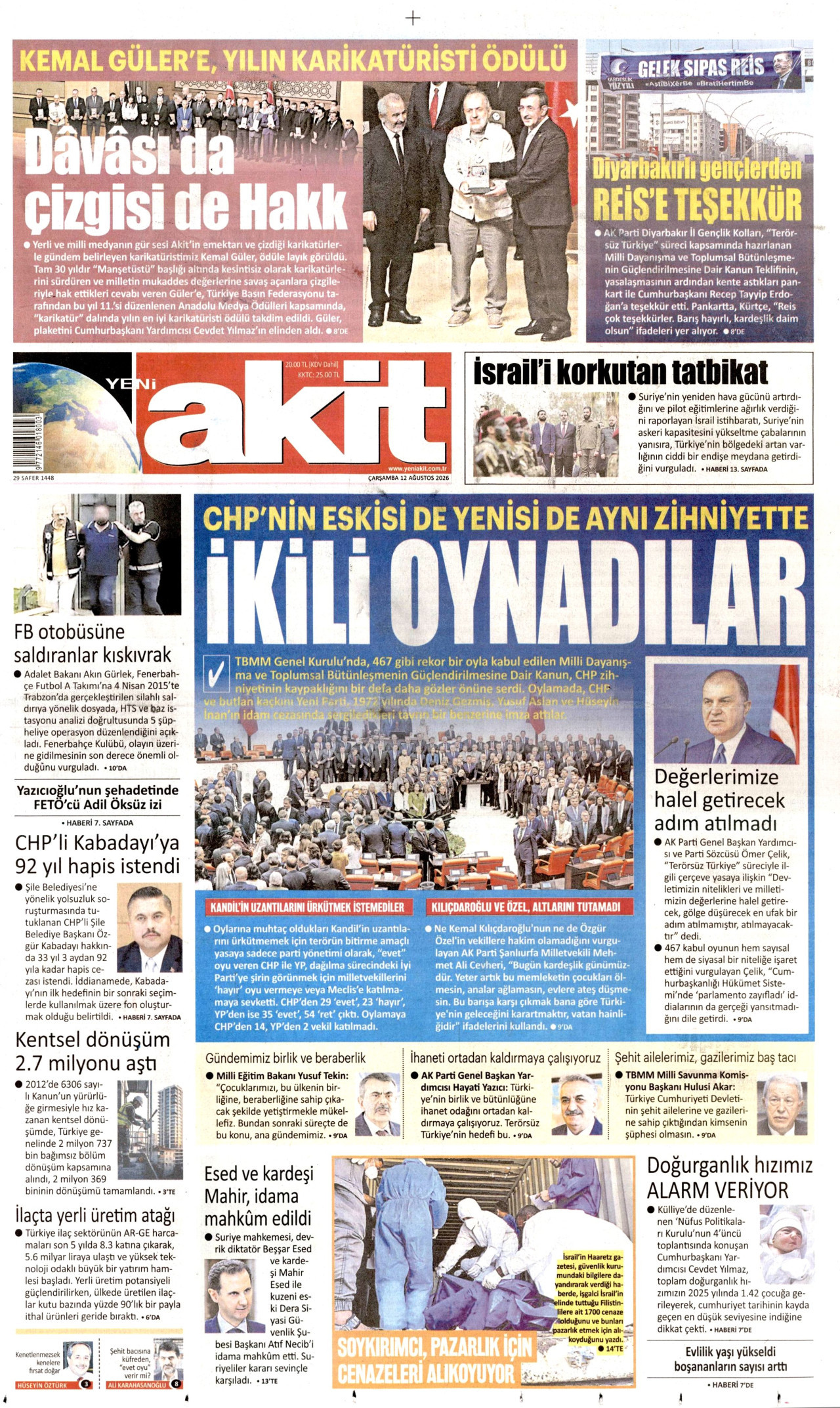 YENİ AKİT gazetesinin 12 Ağustos 2026 tarihli birinci sayfası
