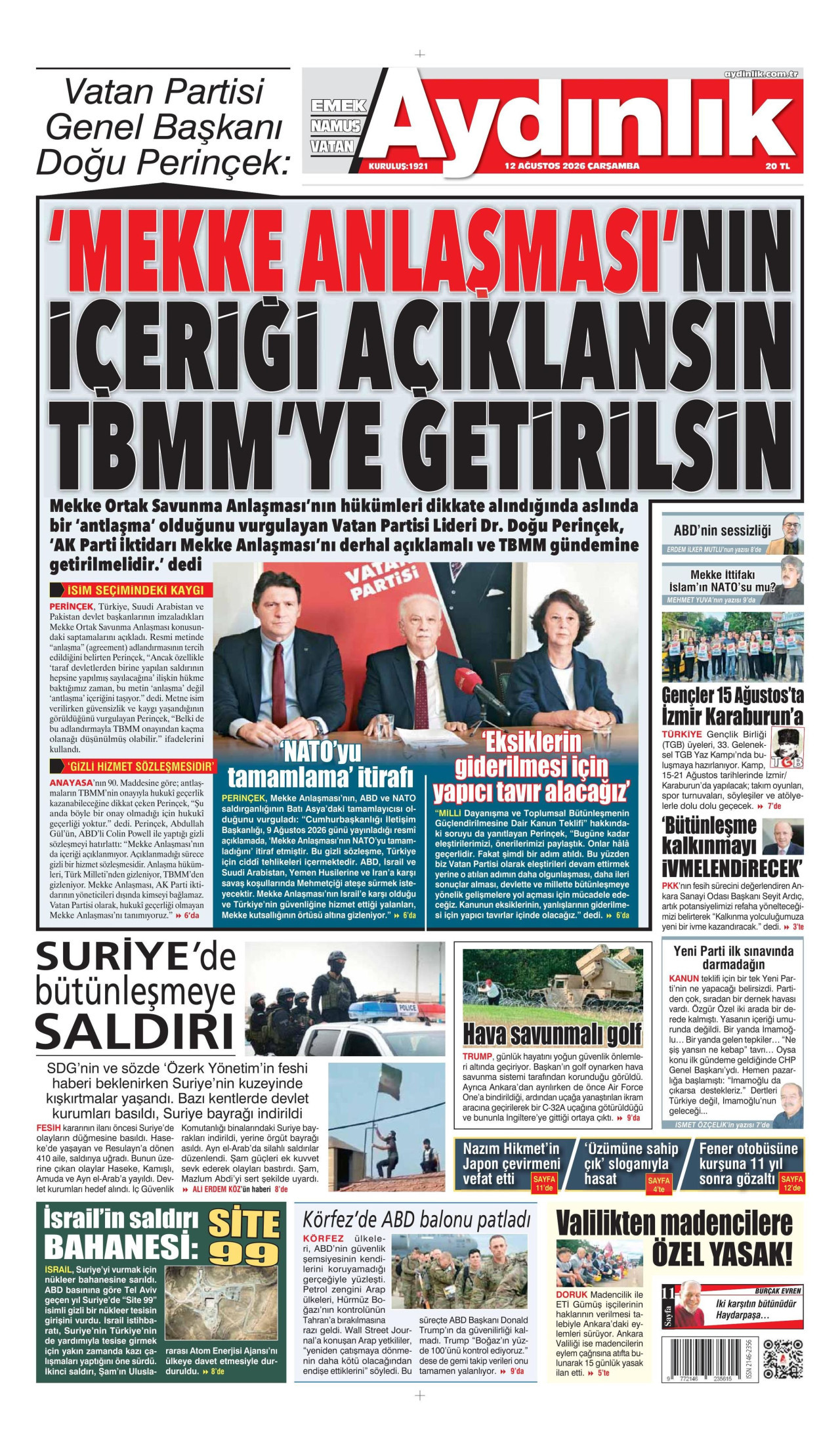 AYDINLIK GAZETESİ gazetesinin 12 Ağustos 2026 tarihli birinci sayfası