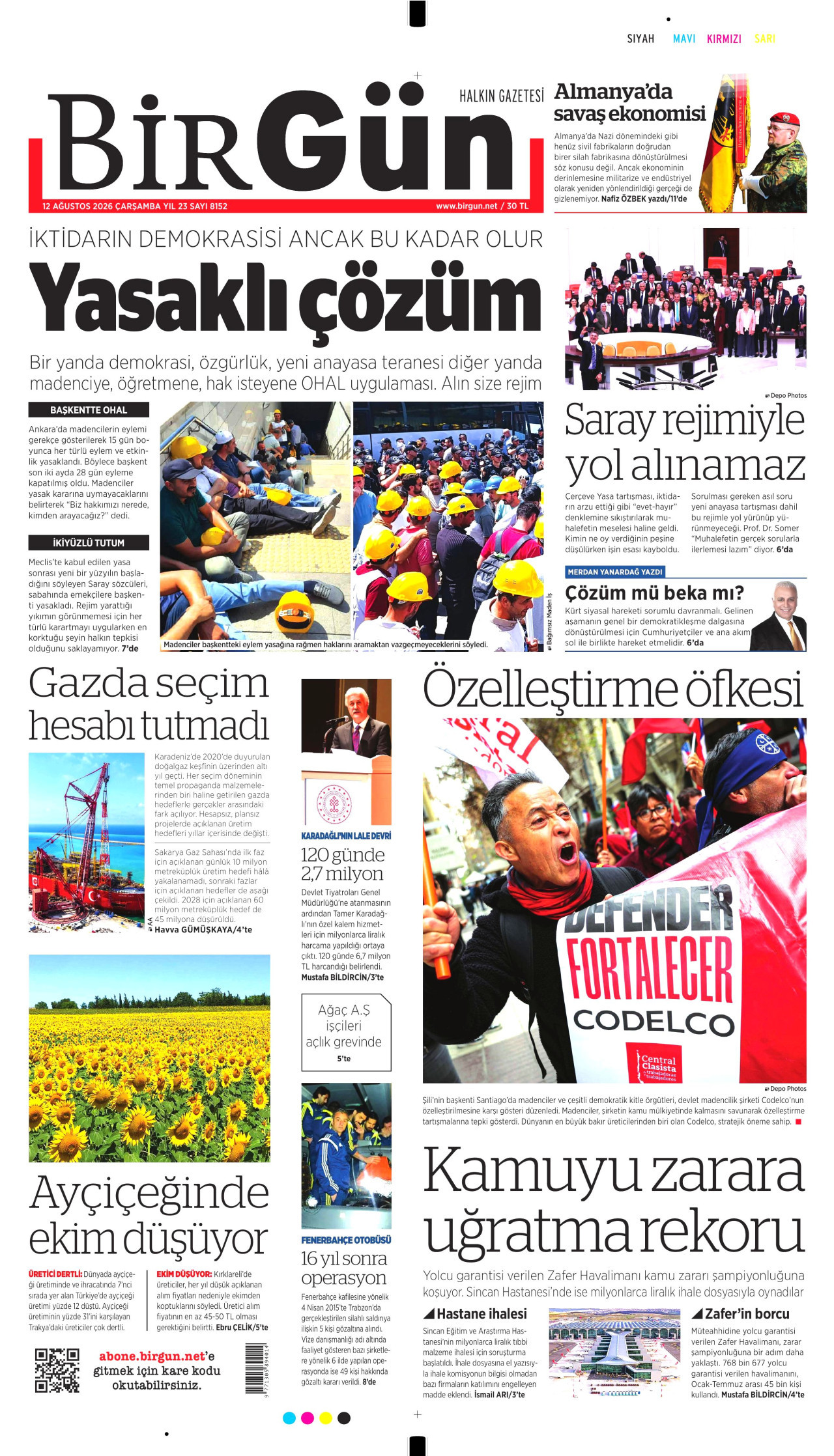 BİRGÜN gazetesinin 12 Ağustos 2026 tarihli birinci sayfası