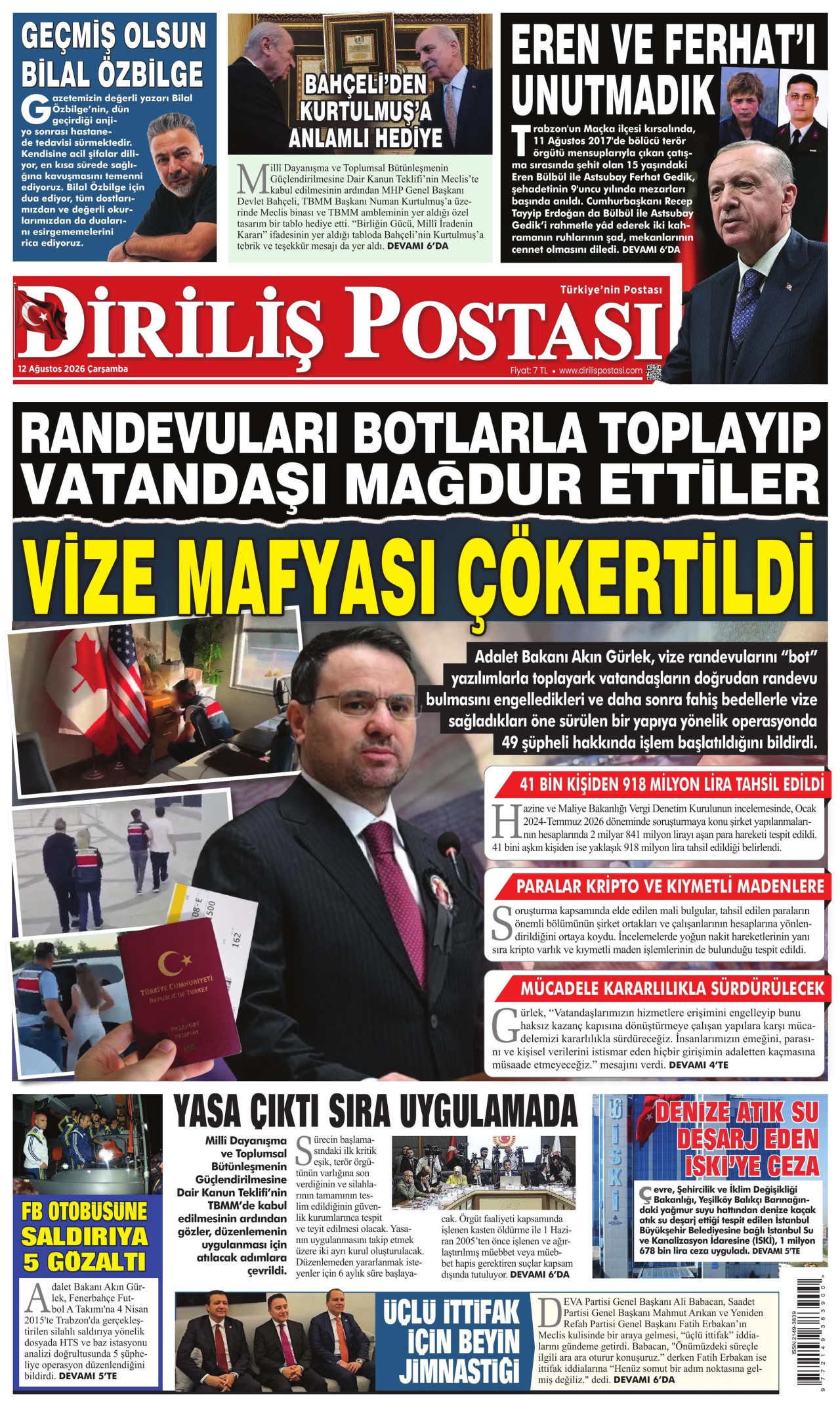 DİRİLİŞ POSTASI gazetesinin 12 Ağustos 2026 tarihli birinci sayfası