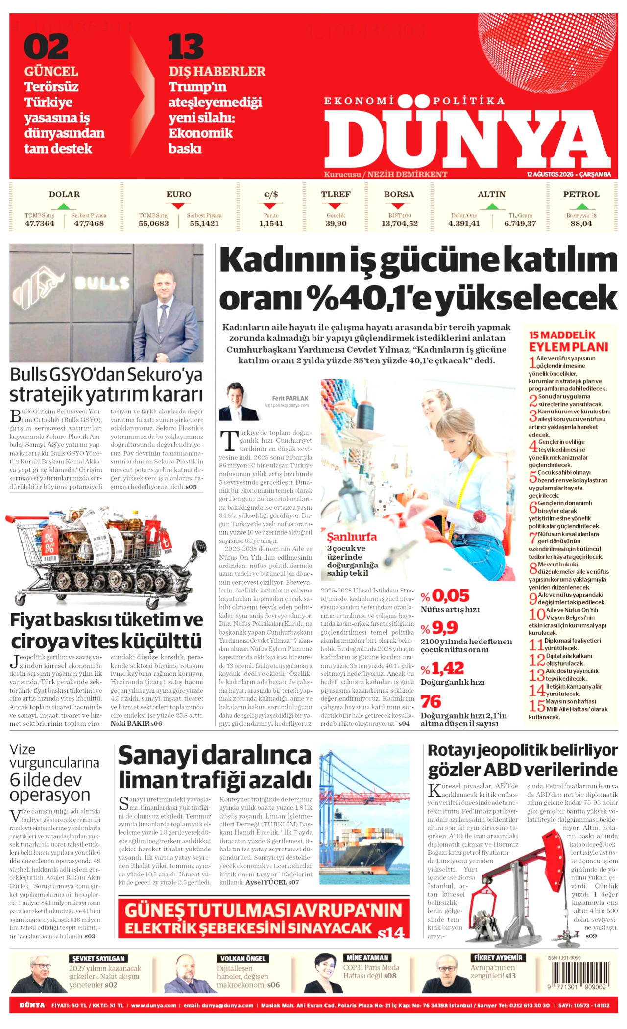 DÜNYA gazetesinin 12 Ağustos 2026 tarihli birinci sayfası