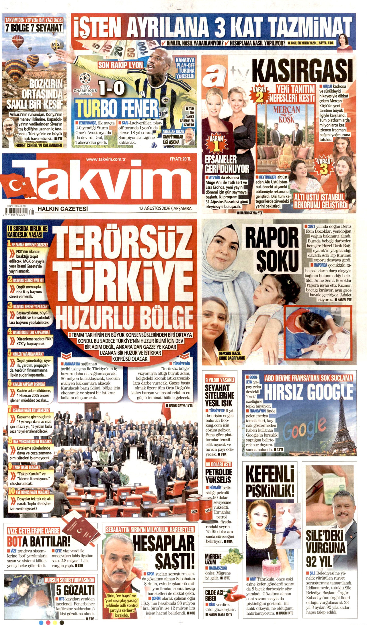 TAKVİM gazetesinin 12 Ağustos 2026 tarihli birinci sayfası
