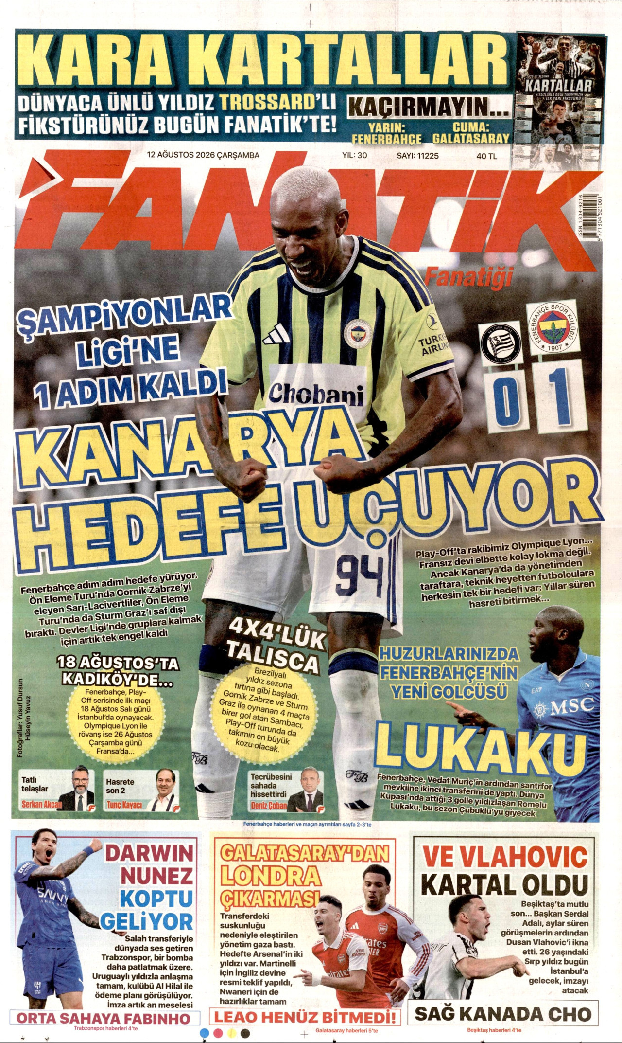 FANATİK gazetesinin 12 Ağustos 2026 tarihli birinci sayfası