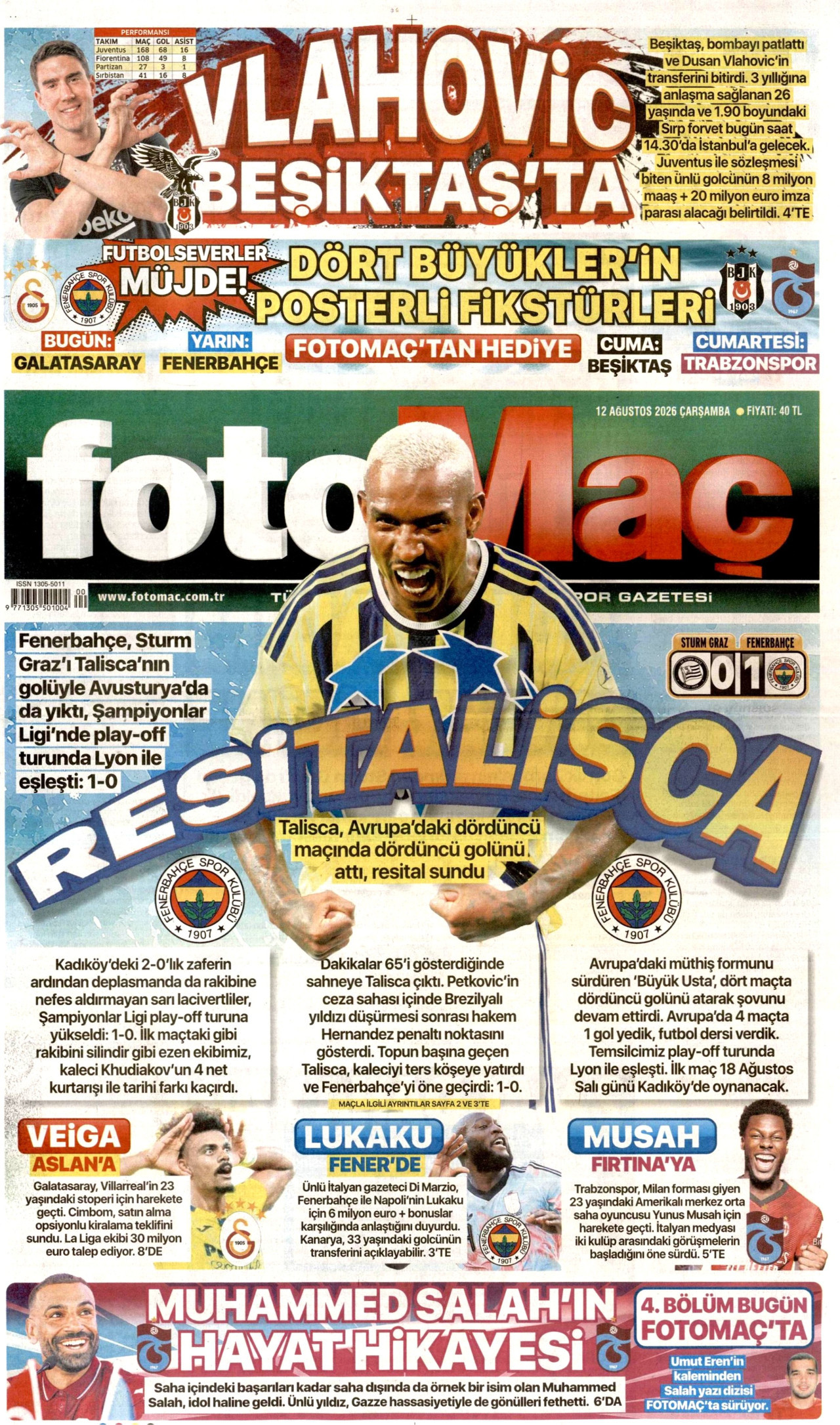 FOTOMAÇ gazetesinin 12 Ağustos 2026 tarihli birinci sayfası
