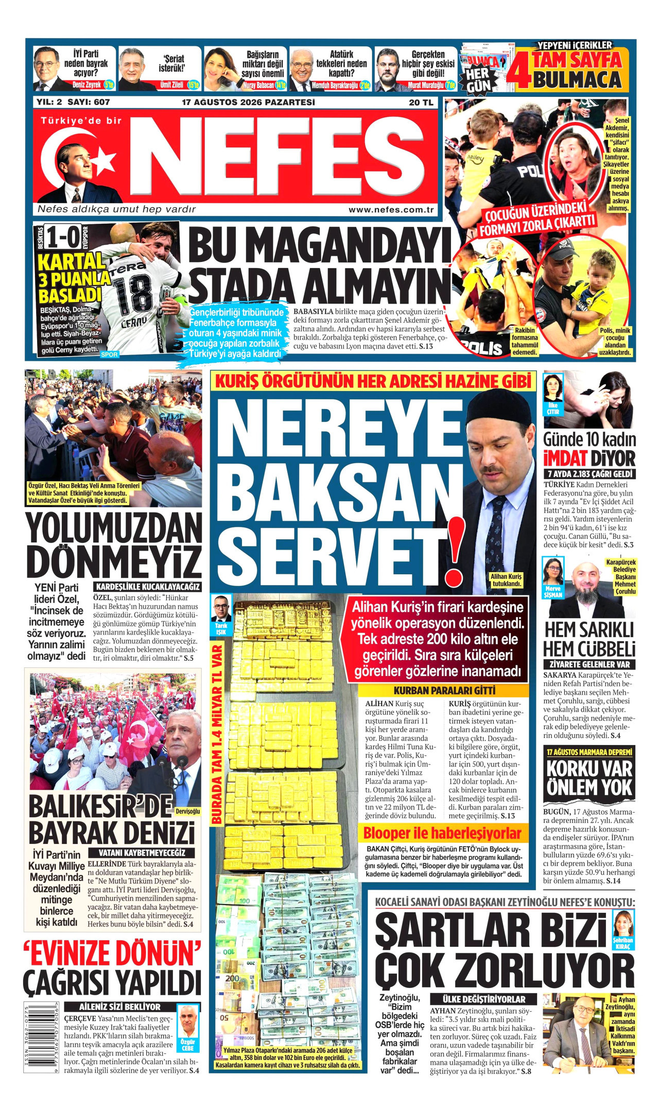 NEFES gazetesinin 17 Ağustos 2026 tarihli birinci sayfası