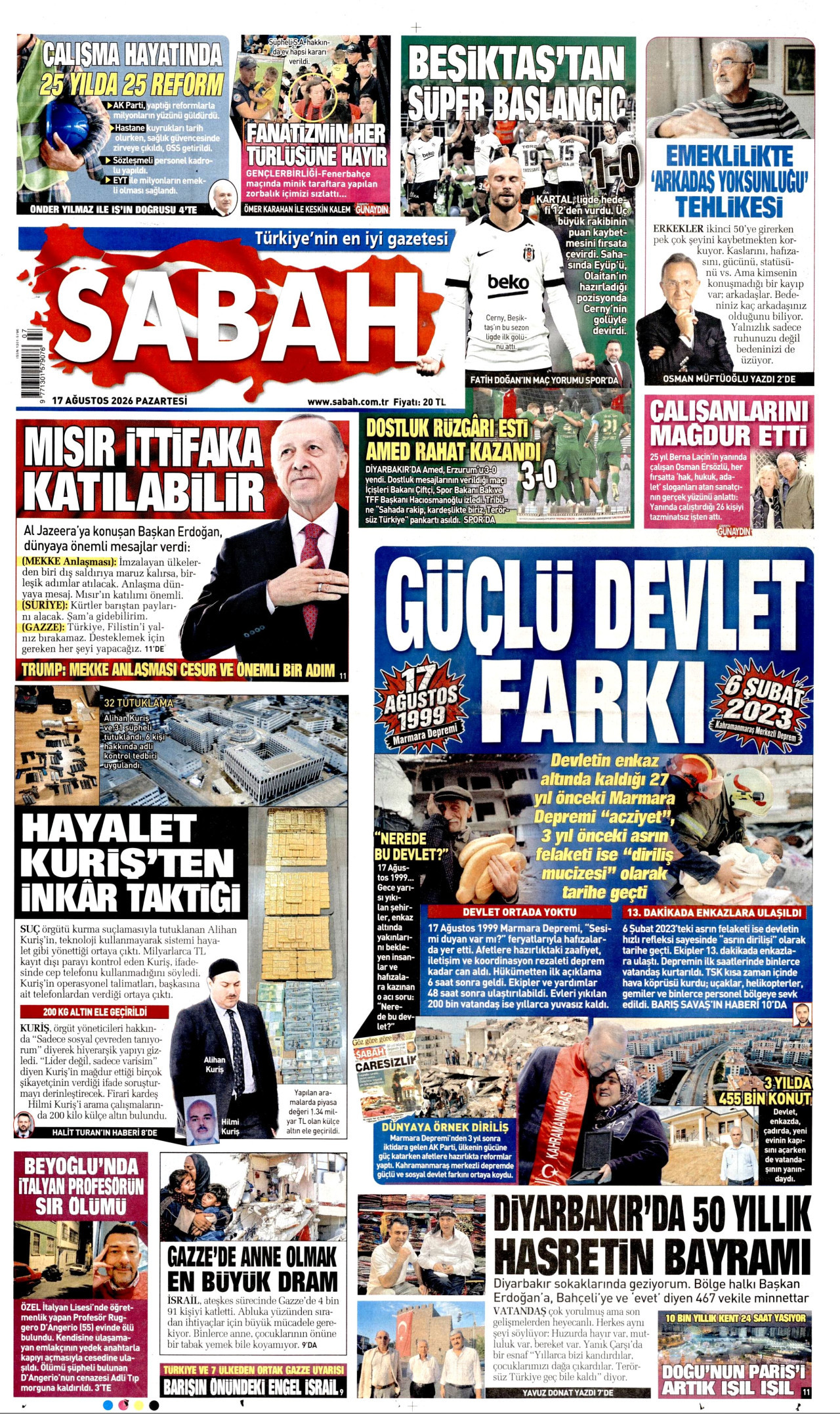 SABAH gazetesinin 17 Ağustos 2026 tarihli birinci sayfası