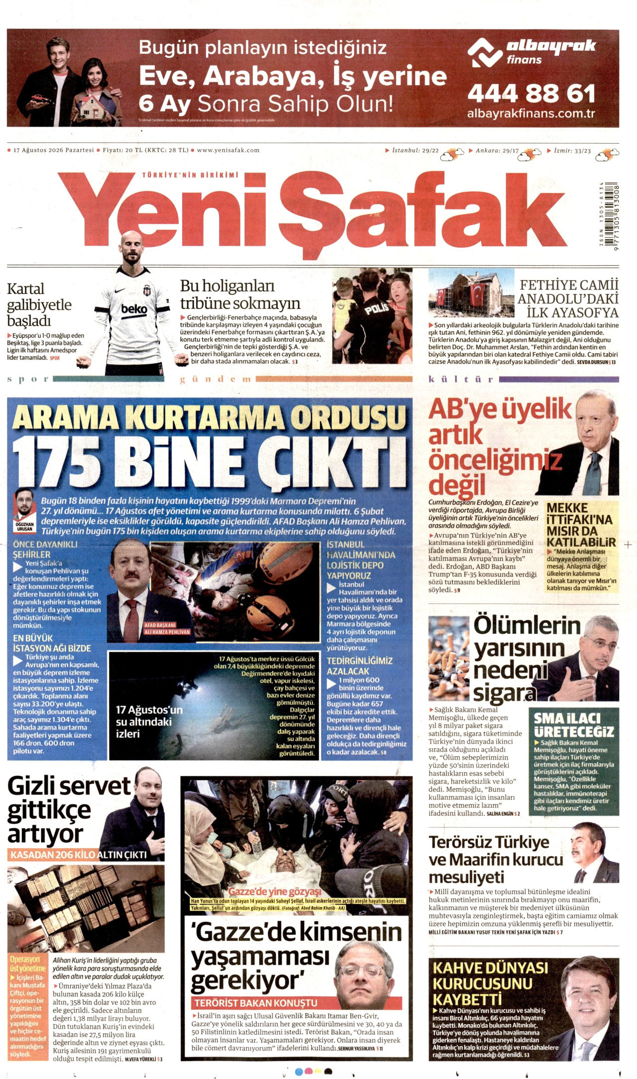 YENİ ŞAFAK gazetesinin 17 Ağustos 2026 tarihli birinci sayfası
