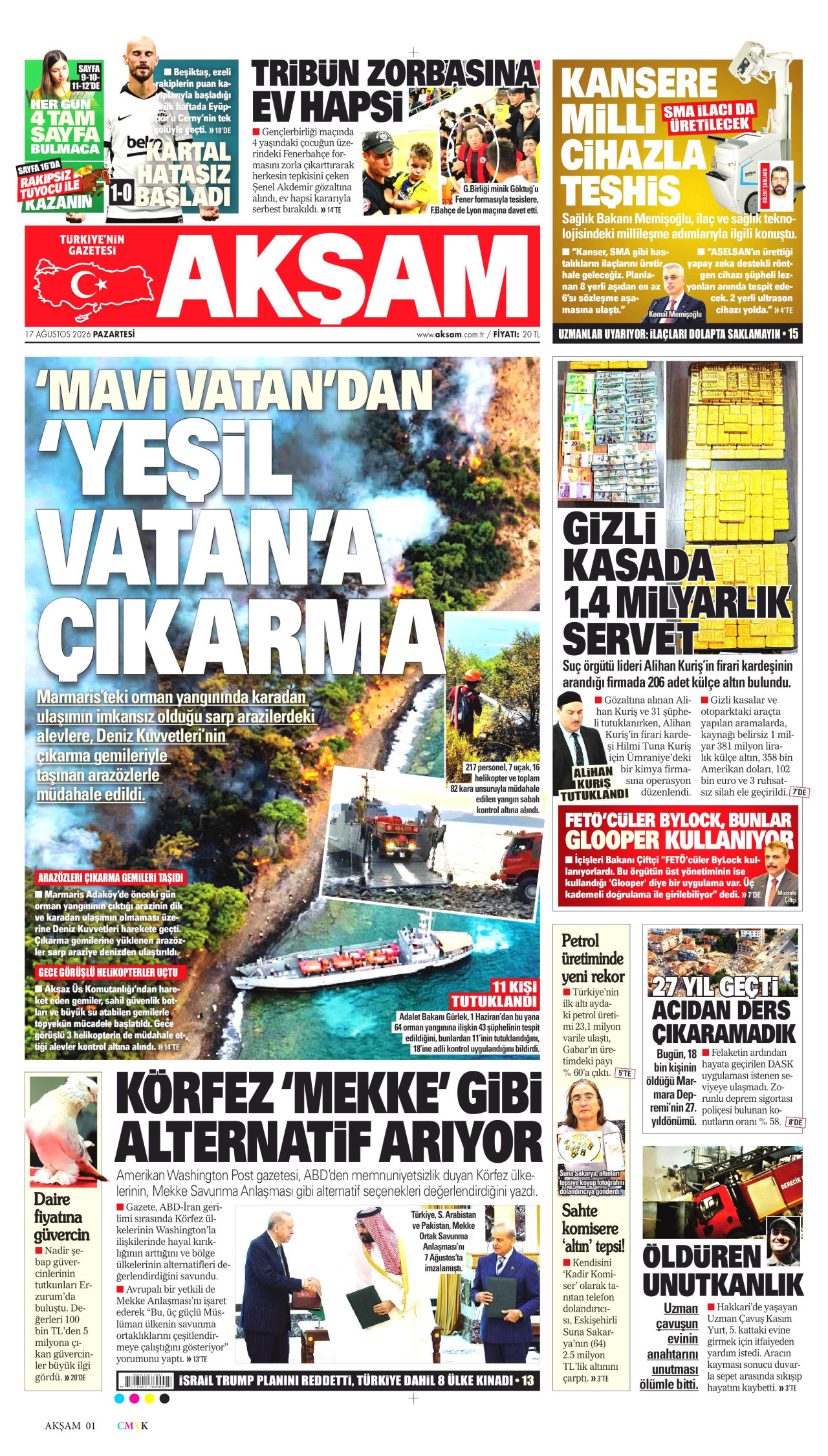 AKŞAM gazetesinin 17 Ağustos 2026 tarihli birinci sayfası