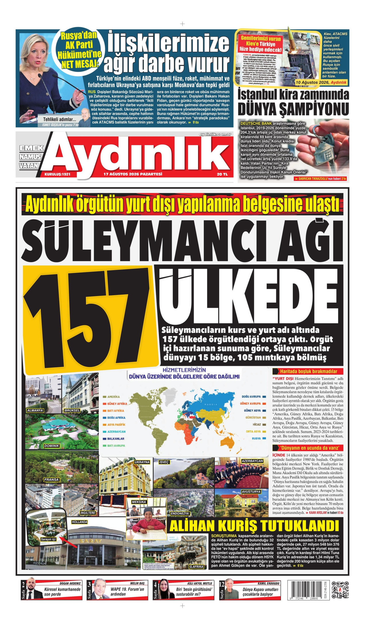 AYDINLIK GAZETESİ gazetesinin 17 Ağustos 2026 tarihli birinci sayfası