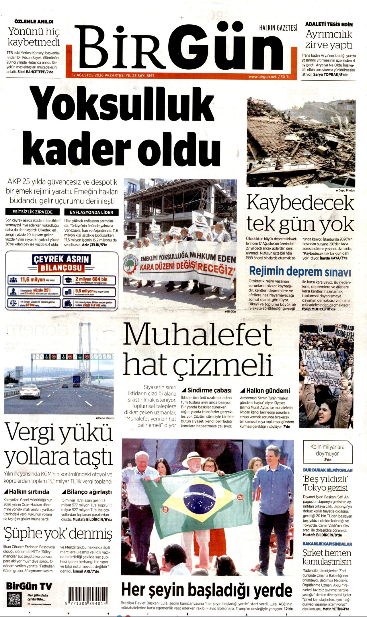 BİRGÜN gazetesinin 17 Ağustos 2026 tarihli birinci sayfası