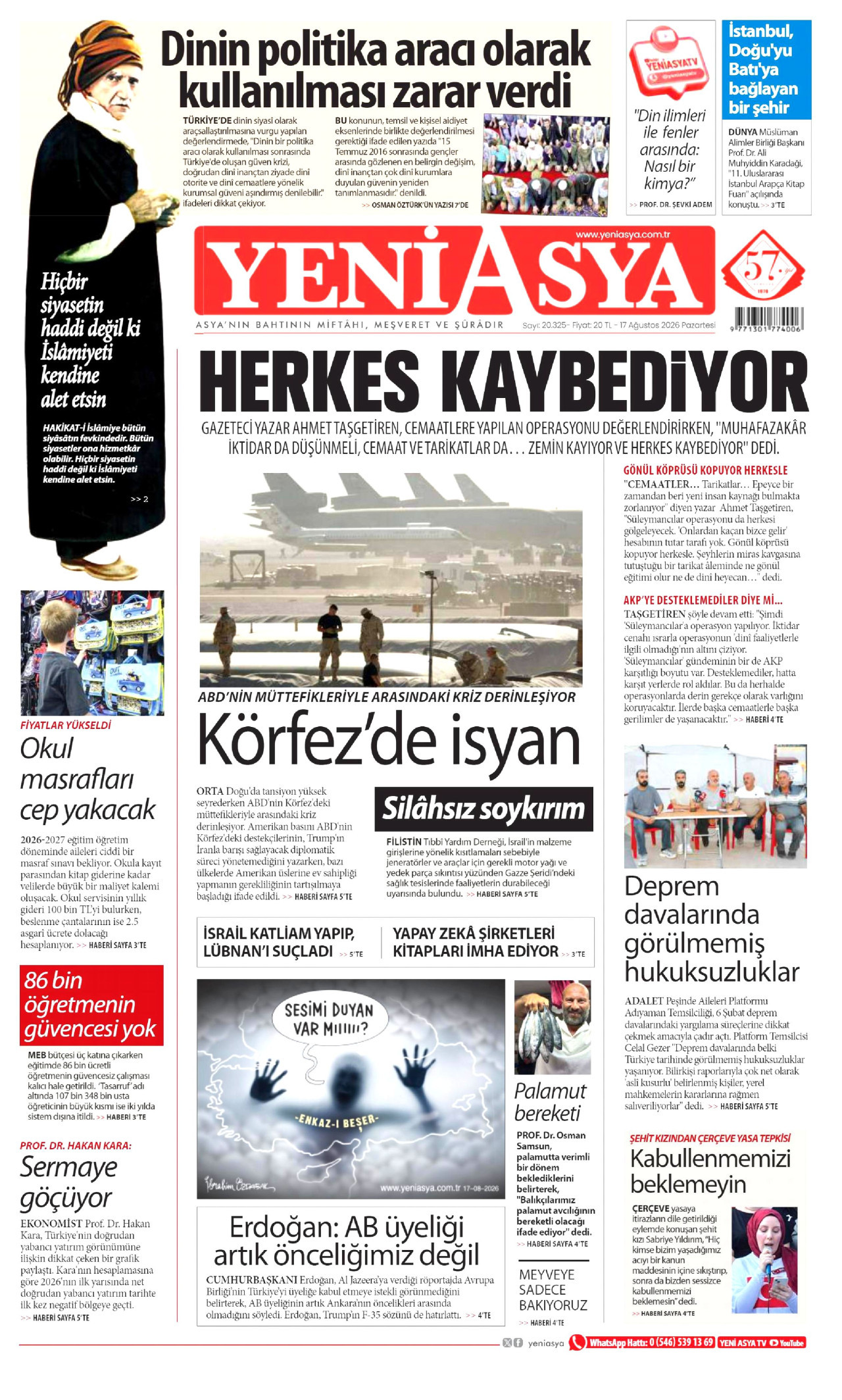 YENİ ASYA gazetesinin 17 Ağustos 2026 tarihli birinci sayfası
