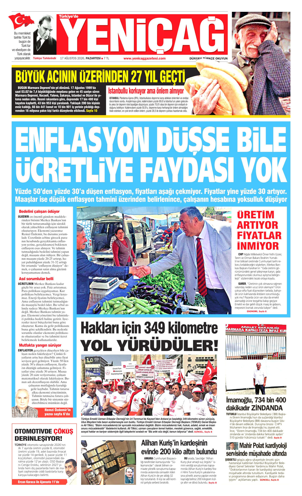 YENİÇAĞ gazetesinin 17 Ağustos 2026 tarihli birinci sayfası
