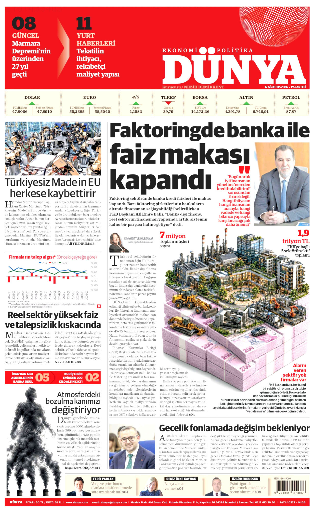 DÜNYA gazetesinin 17 Ağustos 2026 tarihli birinci sayfası
