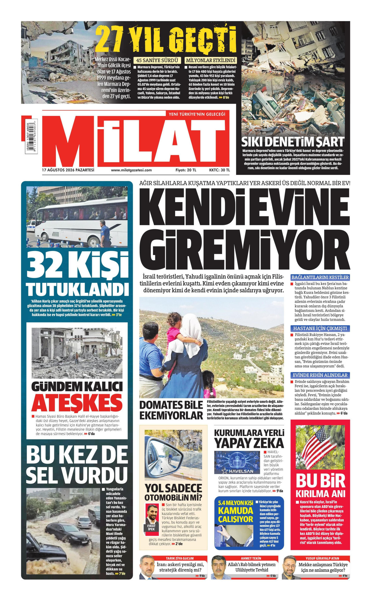 MİLAT gazetesinin 17 Ağustos 2026 tarihli birinci sayfası