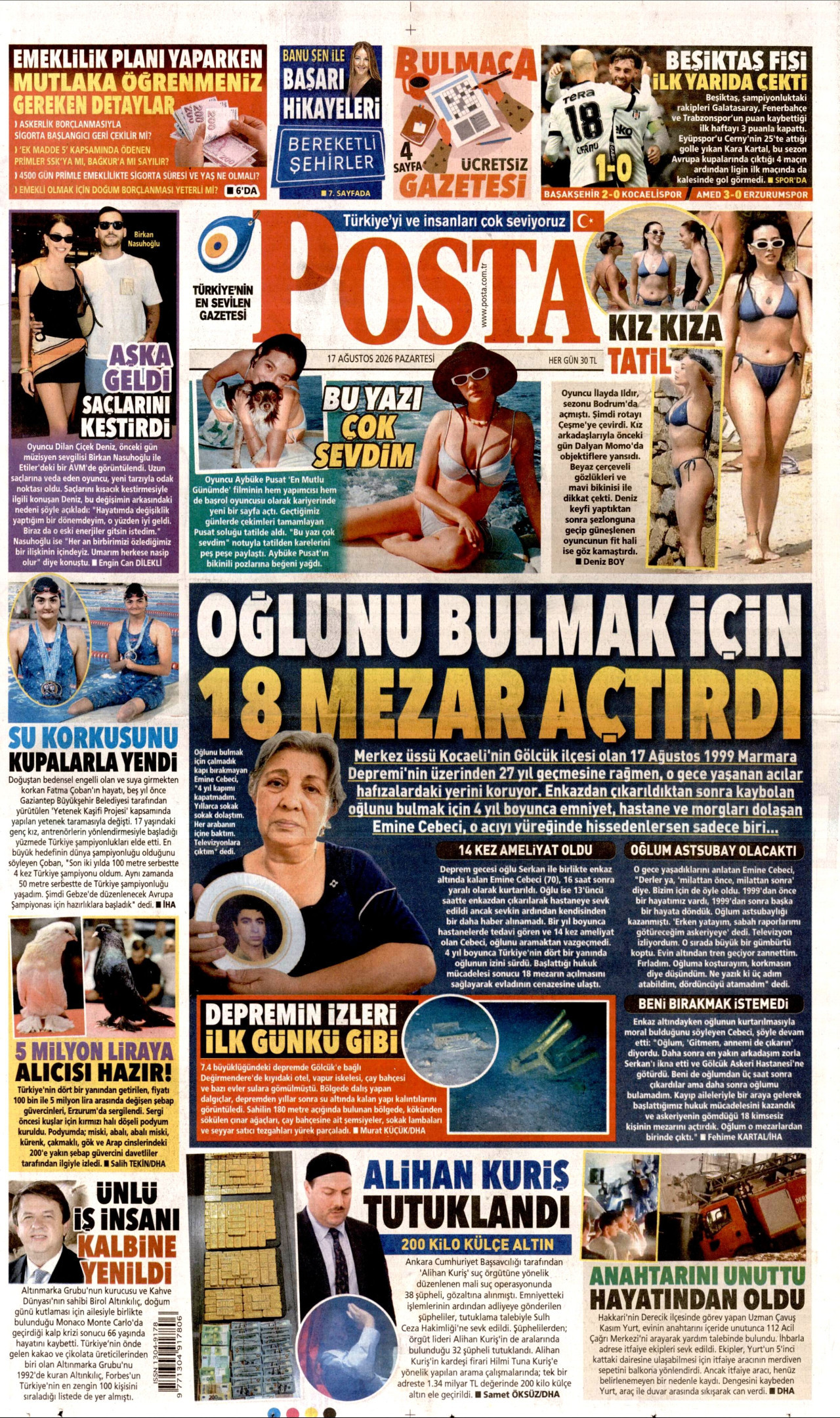 POSTA gazetesinin 17 Ağustos 2026 tarihli birinci sayfası