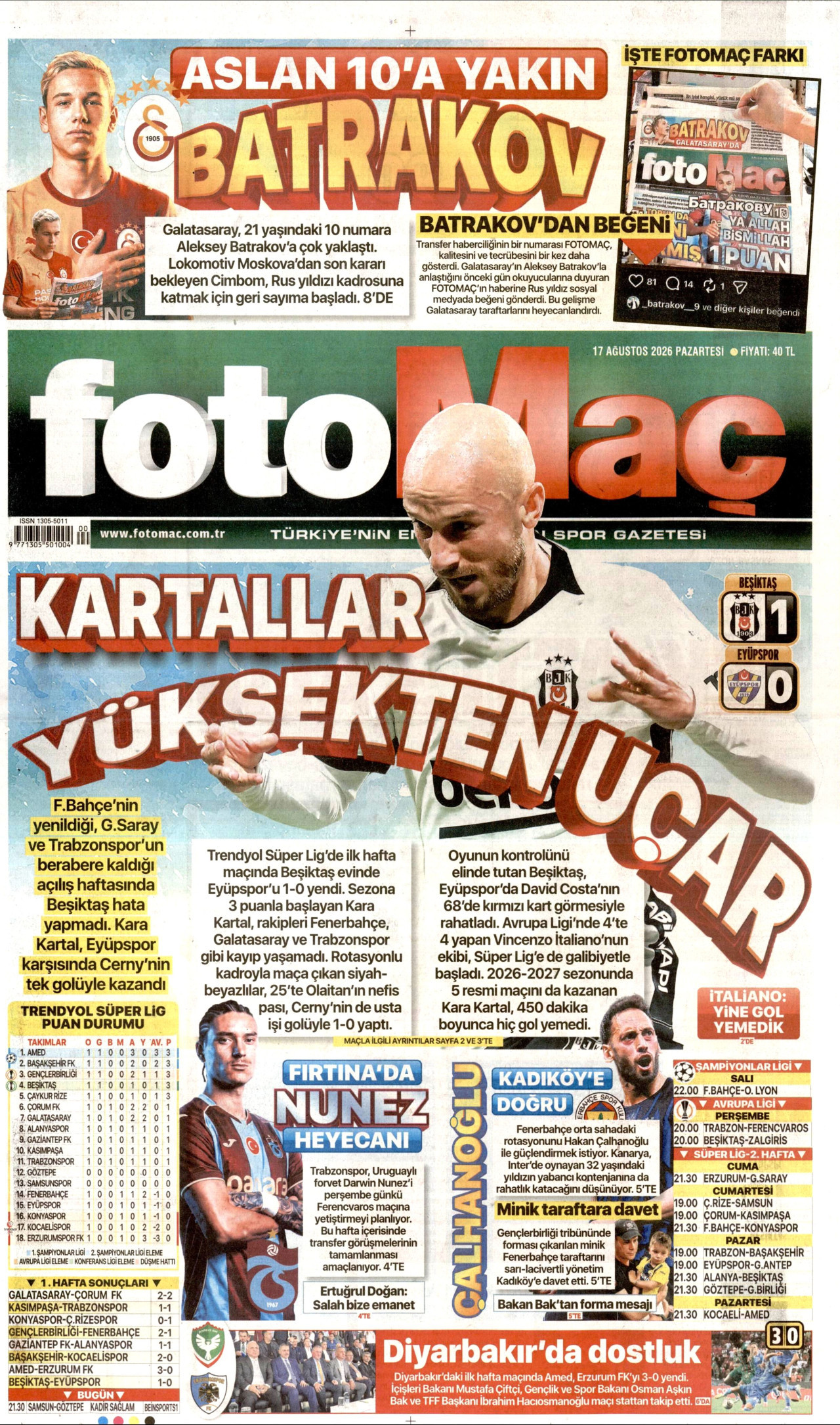 FOTOMAÇ gazetesinin 17 Ağustos 2026 tarihli birinci sayfası