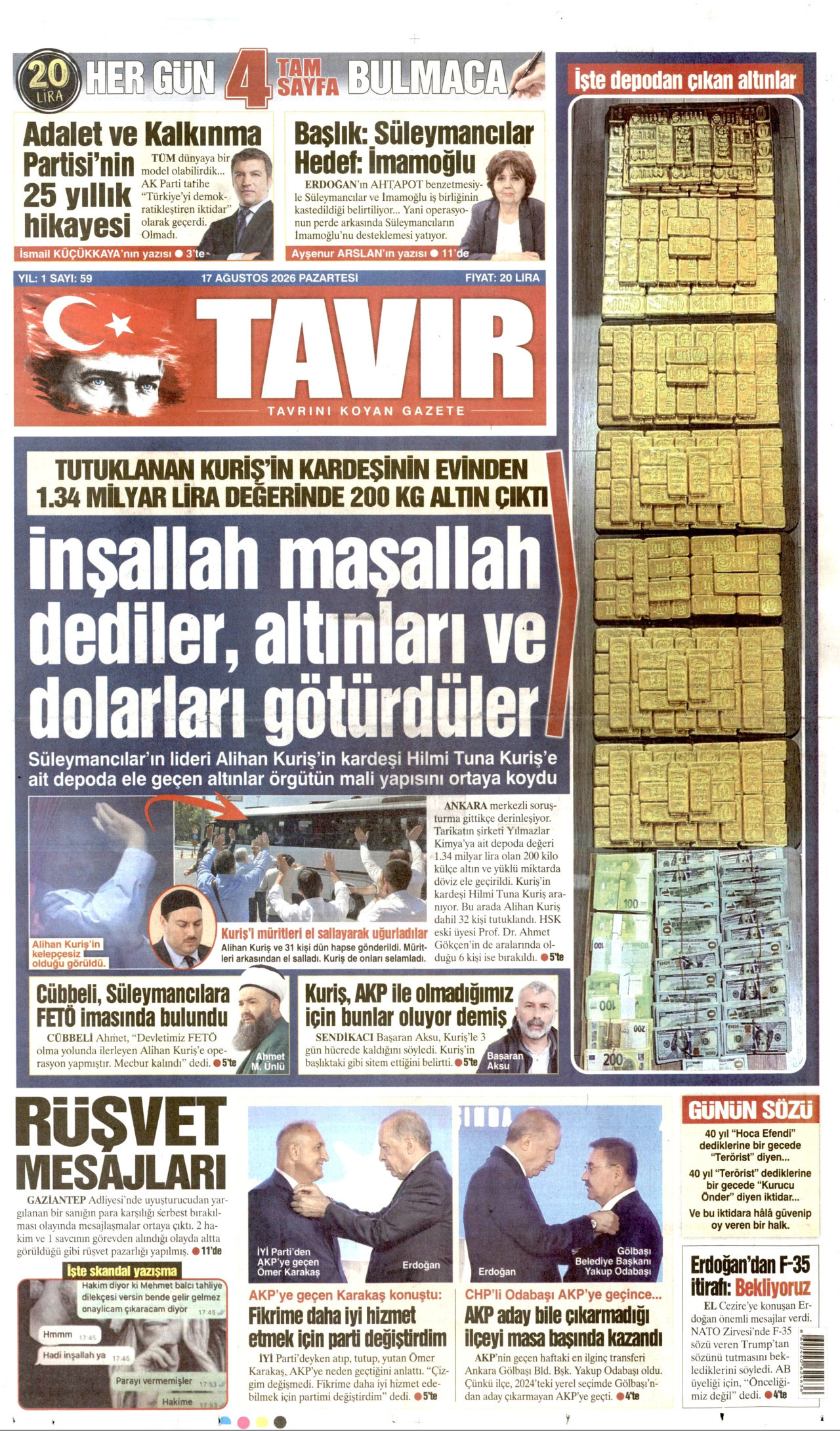 TAVIR GAZETESİ gazetesinin 17 Ağustos 2026 tarihli birinci sayfası