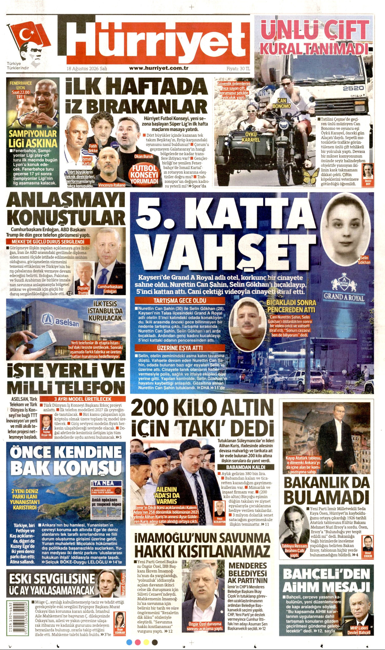 HÜRRİYET gazetesinin 18 Ağustos 2026 tarihli birinci sayfası