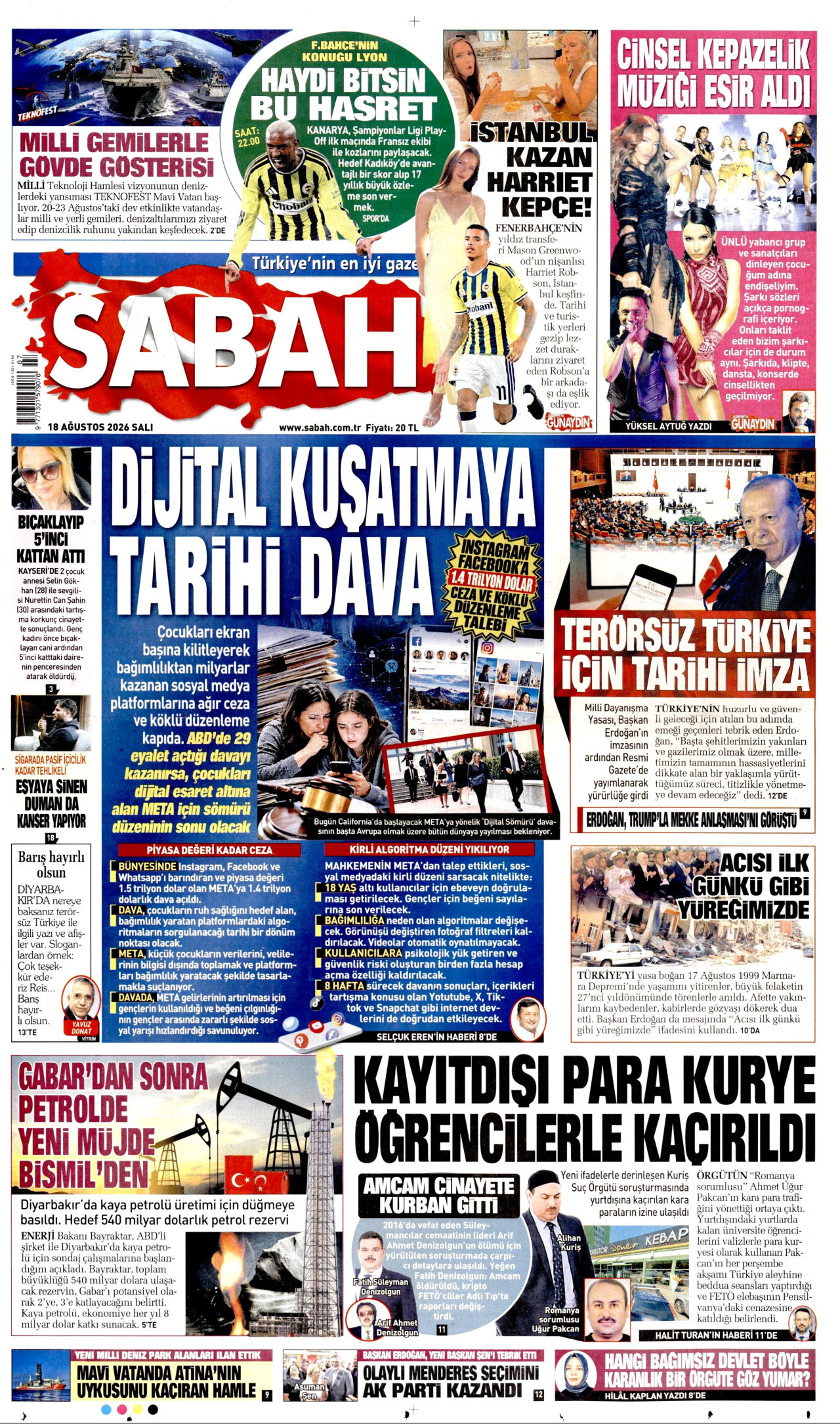 SABAH gazetesinin 18 Ağustos 2026 tarihli birinci sayfası