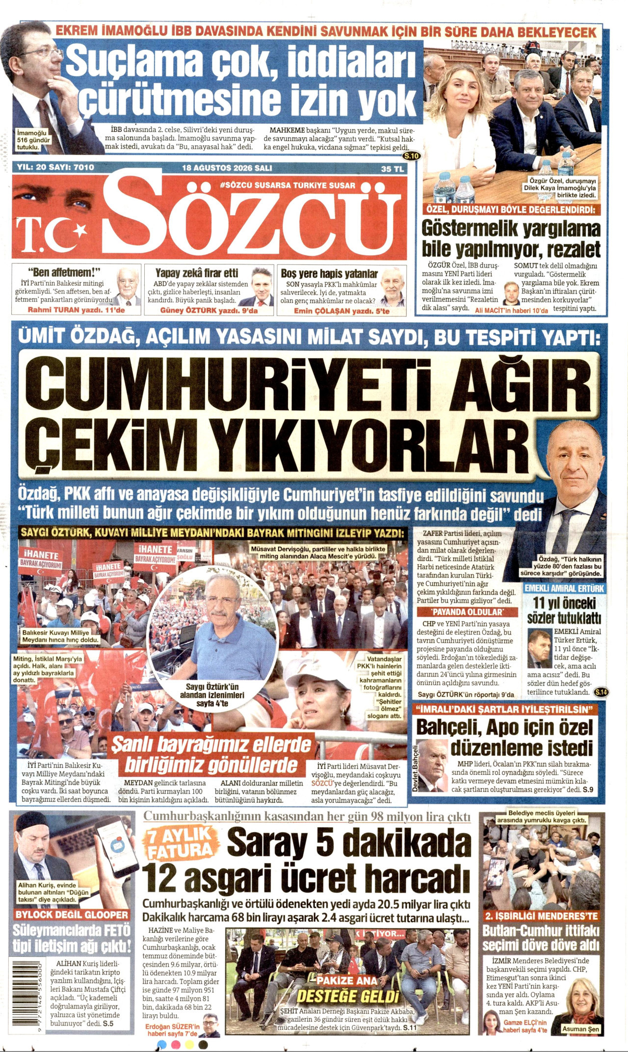 SÖZCÜ gazetesinin 18 Ağustos 2026 tarihli birinci sayfası