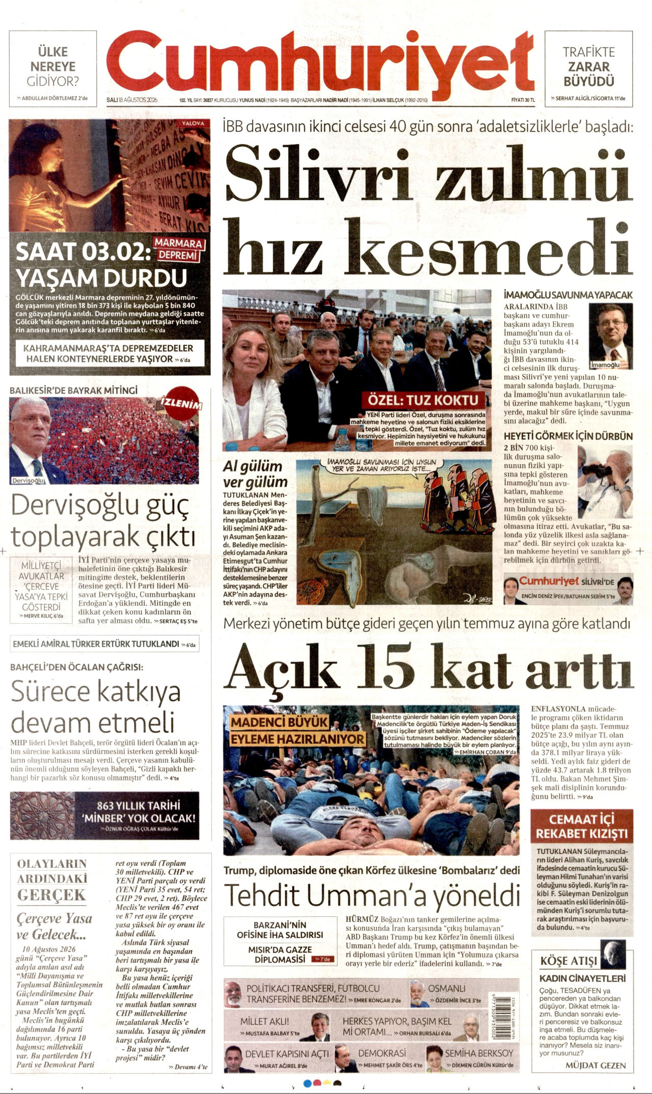 CUMHURİYET gazetesinin 18 Ağustos 2026 tarihli birinci sayfası
