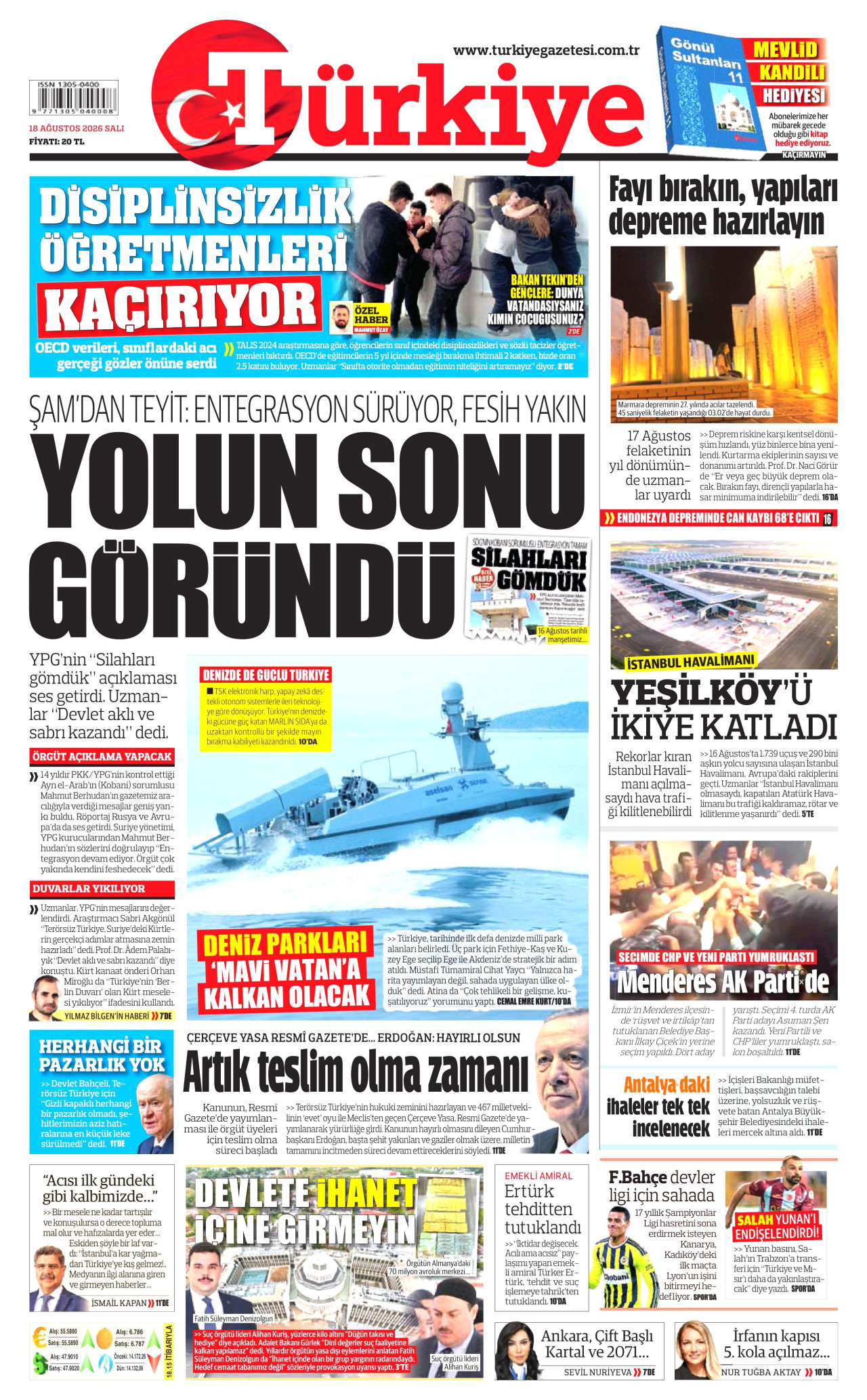 TÜRKİYE GAZETESİ gazetesinin 18 Ağustos 2026 tarihli birinci sayfası