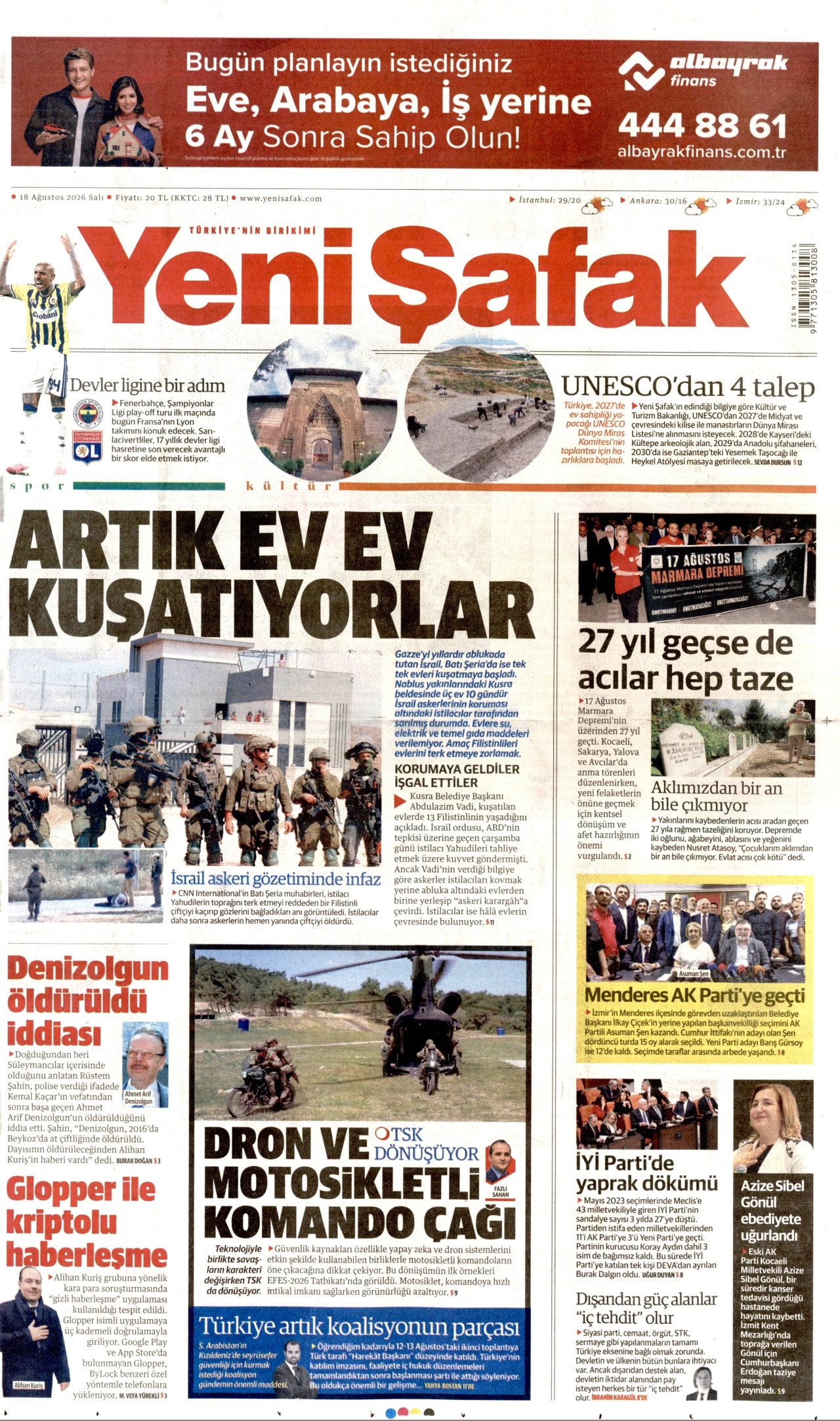 YENİ ŞAFAK gazetesinin 18 Ağustos 2026 tarihli birinci sayfası