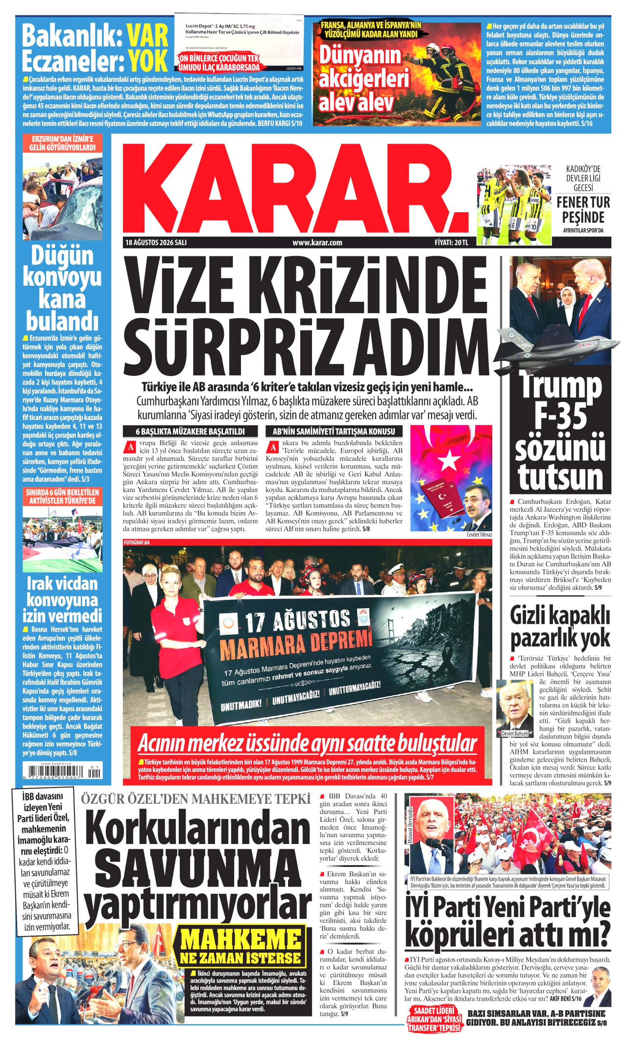 KARAR gazetesinin 18 Ağustos 2026 tarihli birinci sayfası